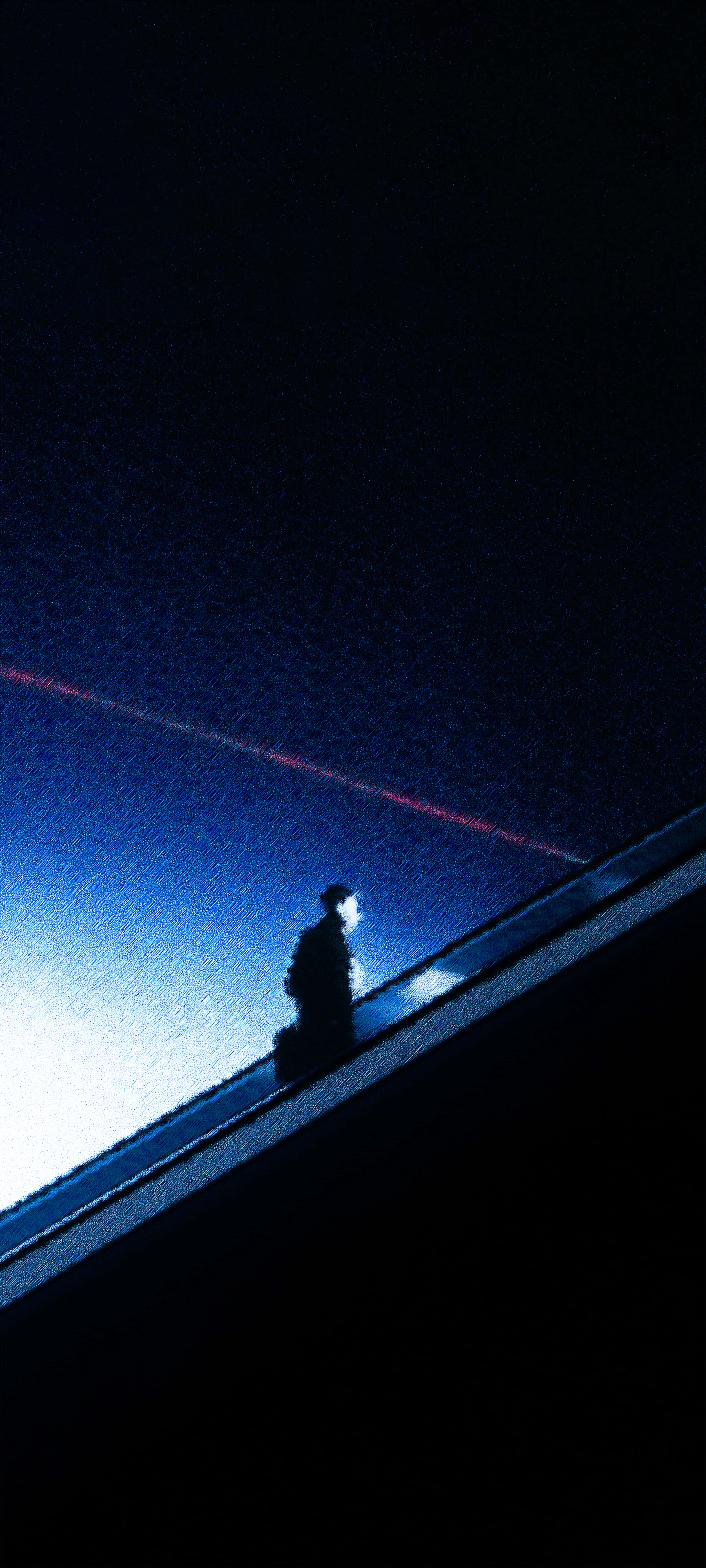 Lonely Silhouette on Escalator – Dark Blue Aesthetic Wallpaper 壁紙 — 一個孤獨的身影在深藍色夜空下，沿著發光的扶手電梯上升，夜空被一道紅色激光束劃破。
