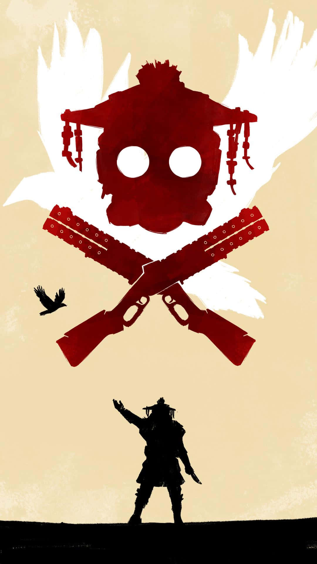 Apex Legends Bloodhound 桌布 壁紙 — 一個孤獨的身影在米色背景上呈現剪影，仰望一個帶有交叉步槍和附近飛翔烏鴉的紅色頭骨。
