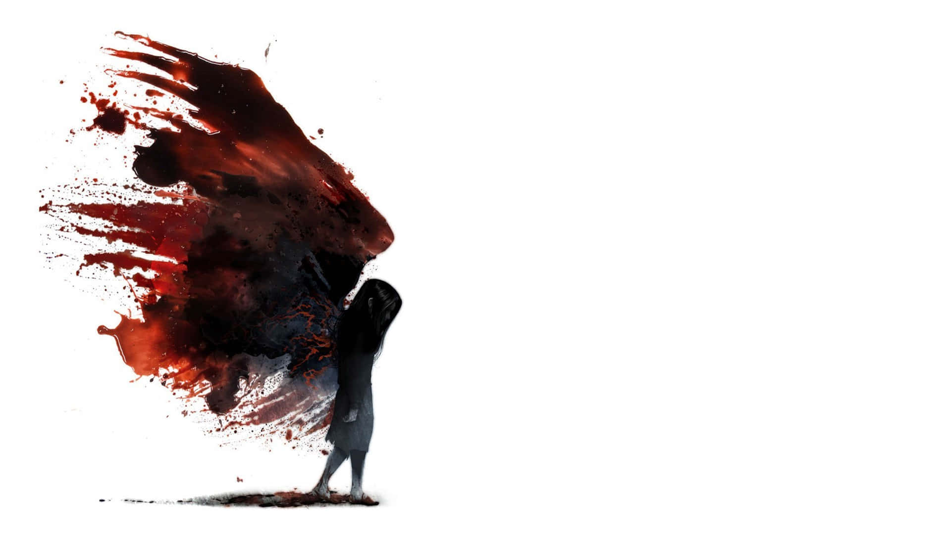 Dark Emotional 桌布 壁紙 — 一個孤獨的身影在純白背景上，被巨大的深紅色油漆潑濺襯托得渺小。