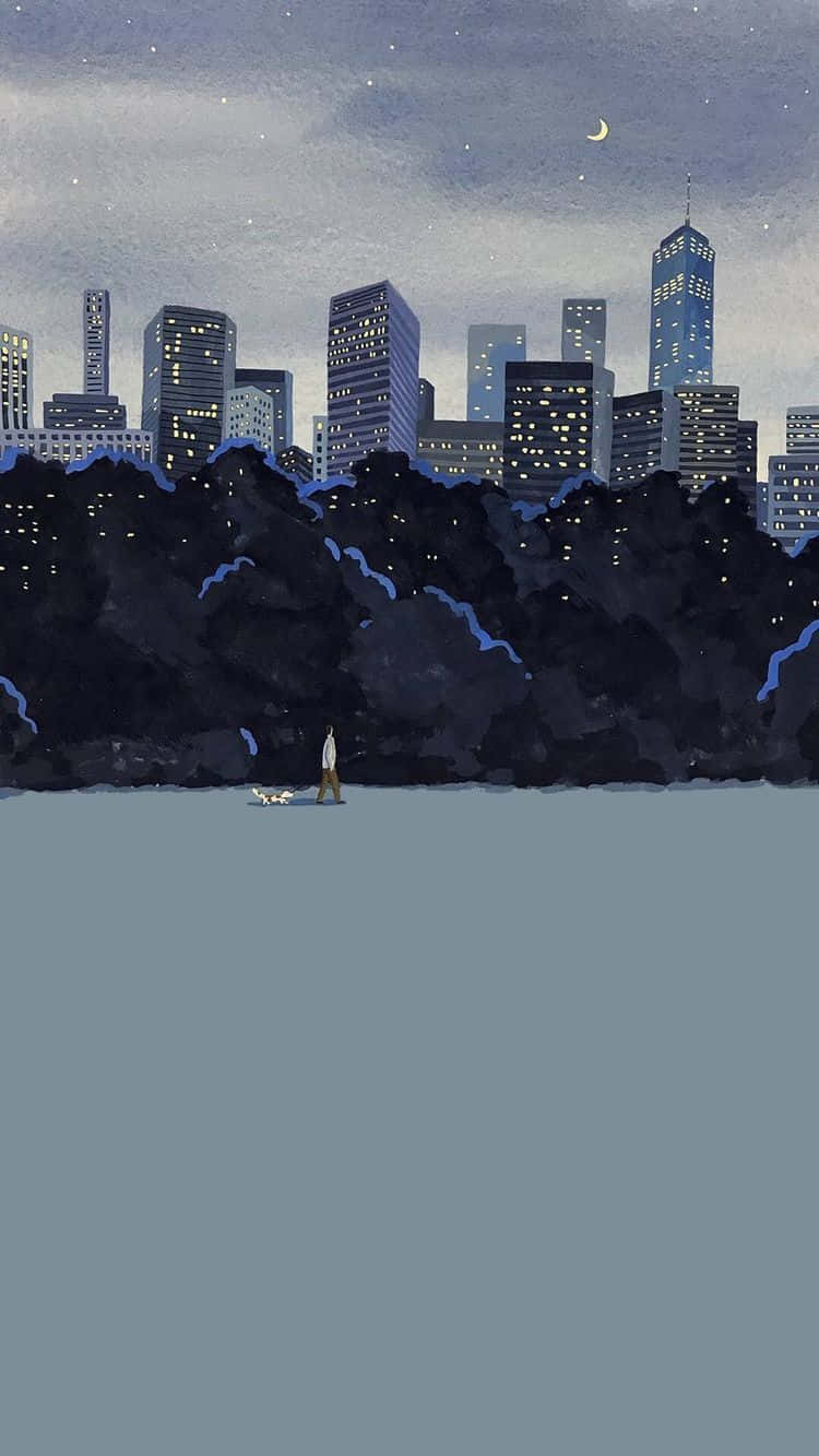 城市景觀 桌布 壁紙 — 一個孤獨的身影在繁星點點的夜空下遛狗，夜空上方有一彎新月，下方是閃爍的城市天際線。