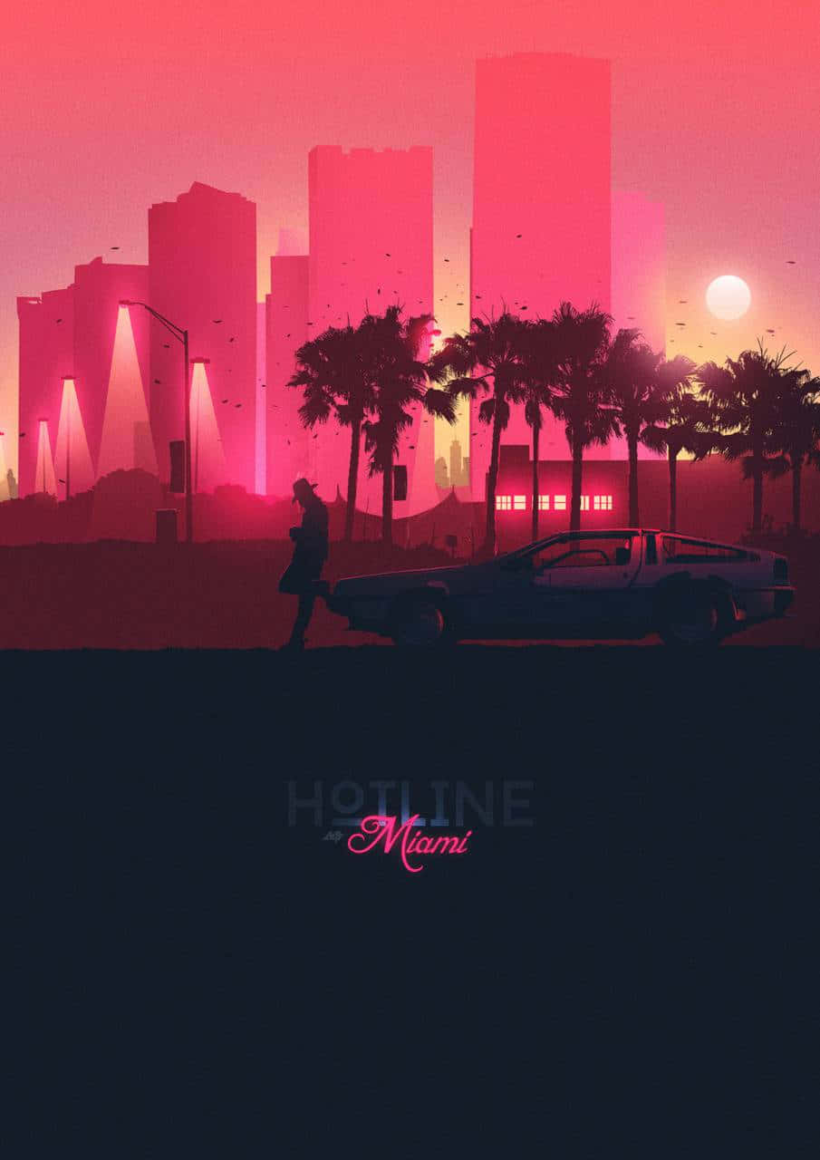 Hotline Miami 桌布 壁紙 — 一個孤獨的身影在邁阿密天際線和棕櫚樹上方充滿活力的粉紅色日落中，行走在 DeLorean 旁邊。