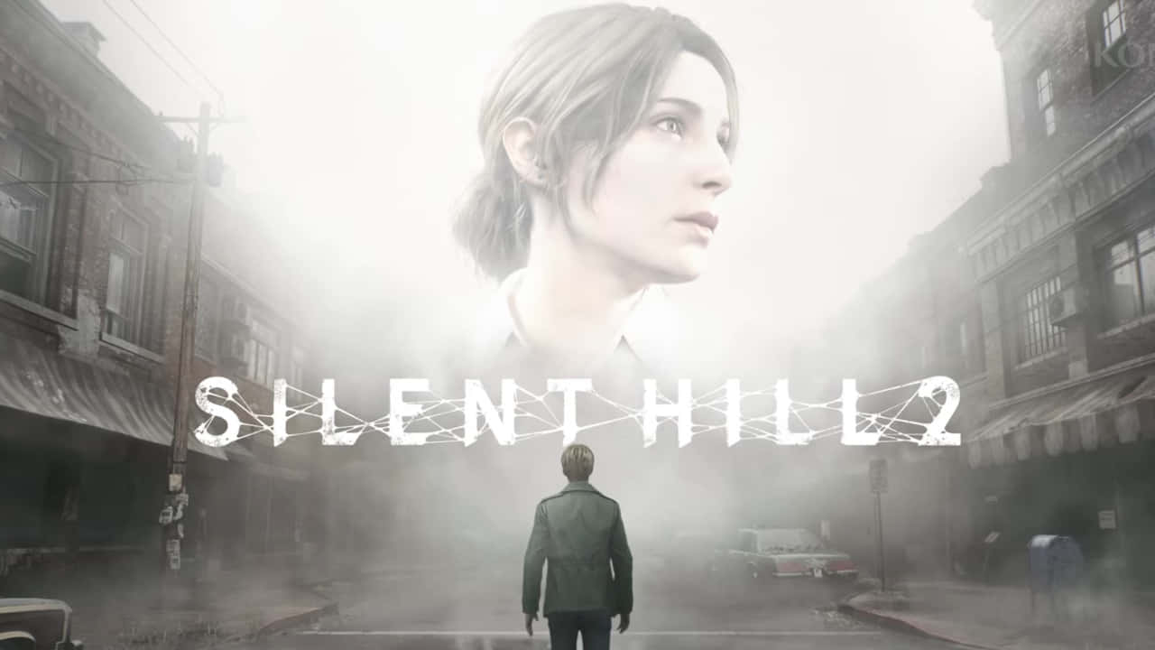 Silent Hill Characters 桌布 壁紙 — 一個孤獨的身影在霧濛濛的街道上走向一個巨大的幽靈女人，出現在令人難忘的Silent Hill 2場景中。