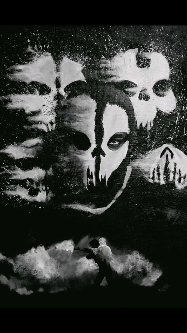 Call Of Duty Ghosts 桌布 壁紙 — 一個孤獨的身影在風暴雲層中行走，下方是一個 looming 的骷髏臉實體，周圍漂浮著骷髏頭，構成一個單色噩夢場景。