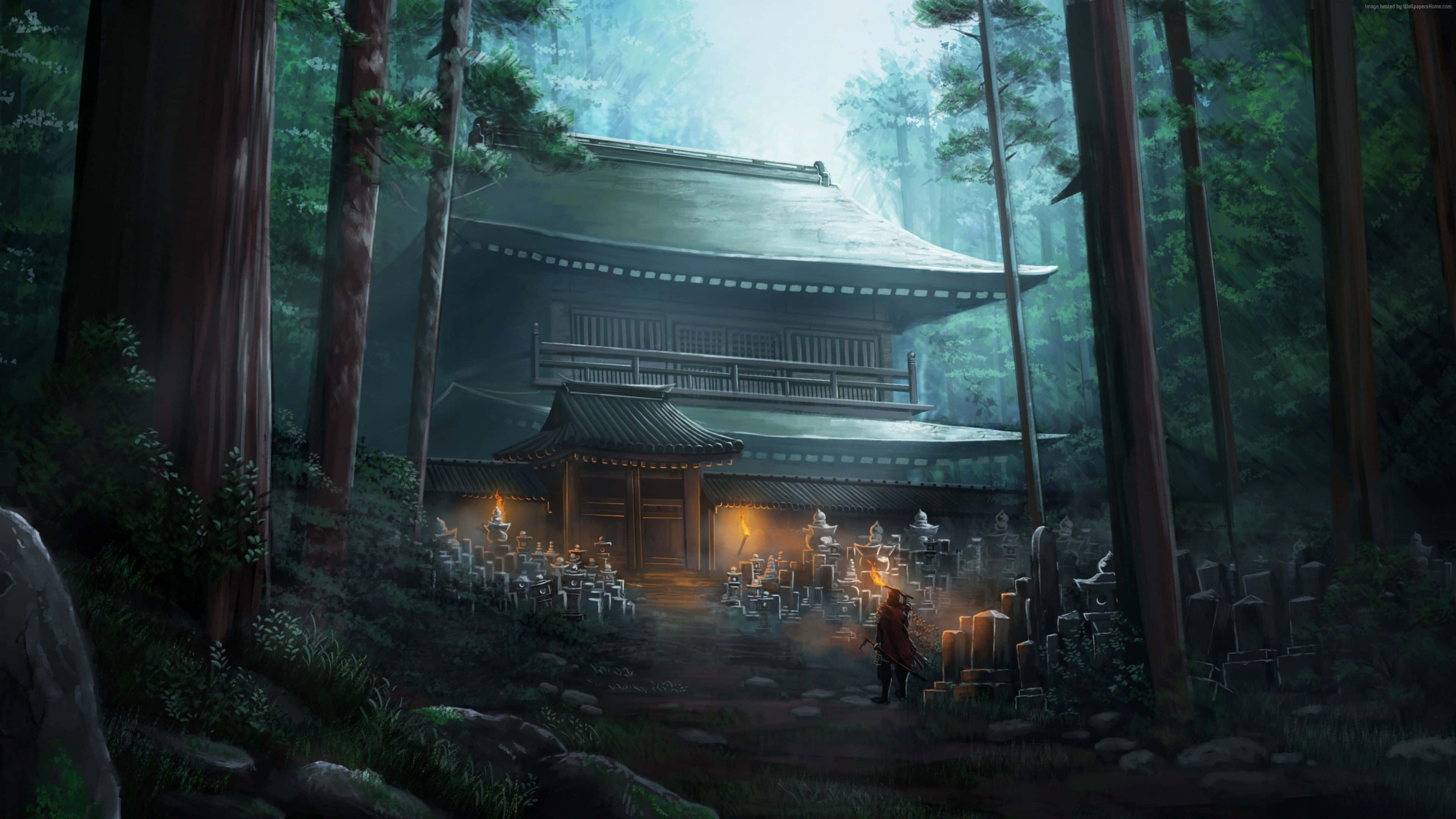 Samurai X 桌布 壁紙 — 一個孤獨的身影在黃昏時分走向一座隱藏在茂密森林中的霧氣繚繞的日本寺廟。