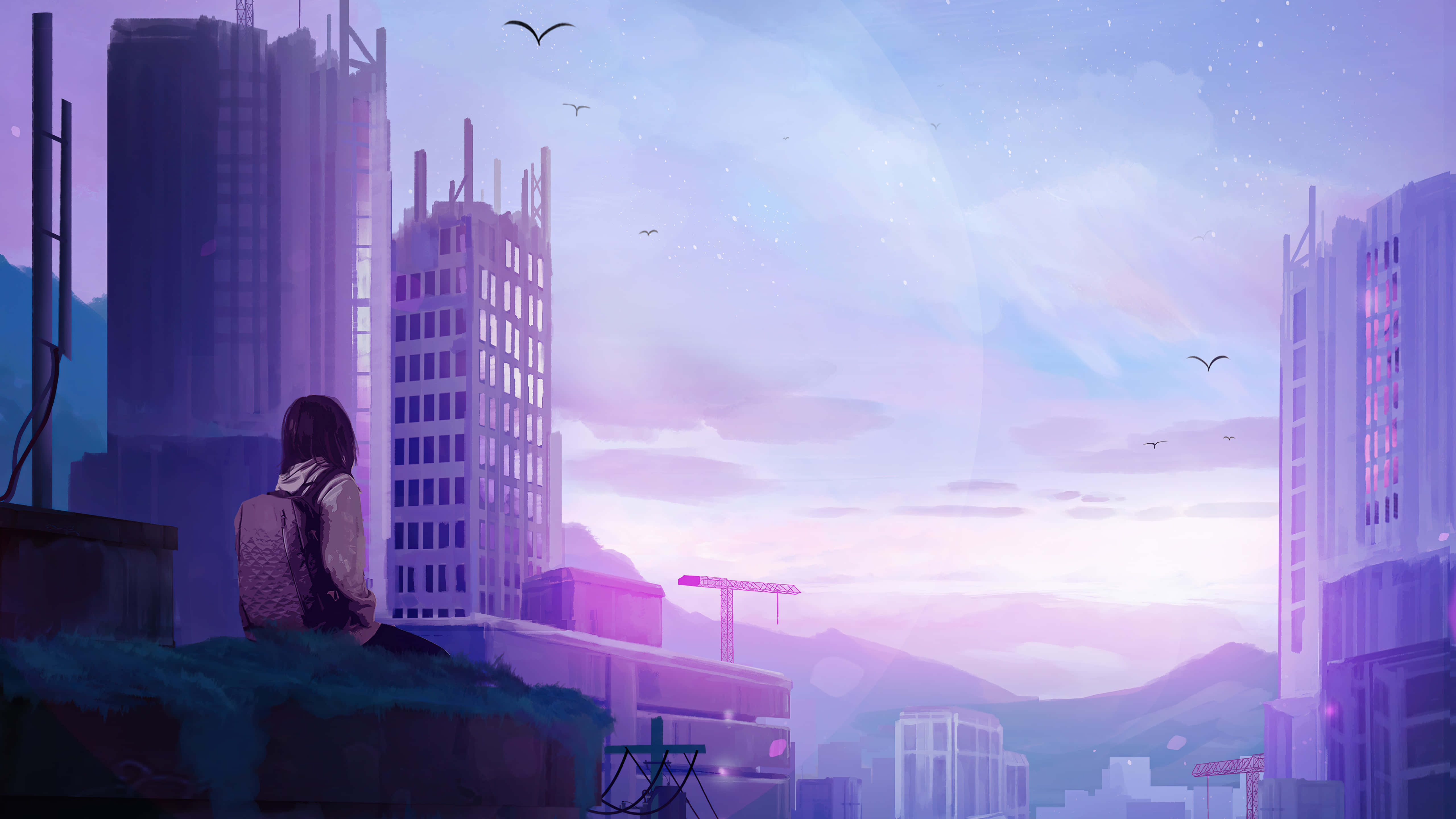 Aesthetic Anime City 桌布 壁紙 — 一個孤獨的身影坐在屋頂上，俯瞰著沐浴在柔和紫色和粉紅色暮色中的未來城市景觀，鳥兒在頭頂飛翔。