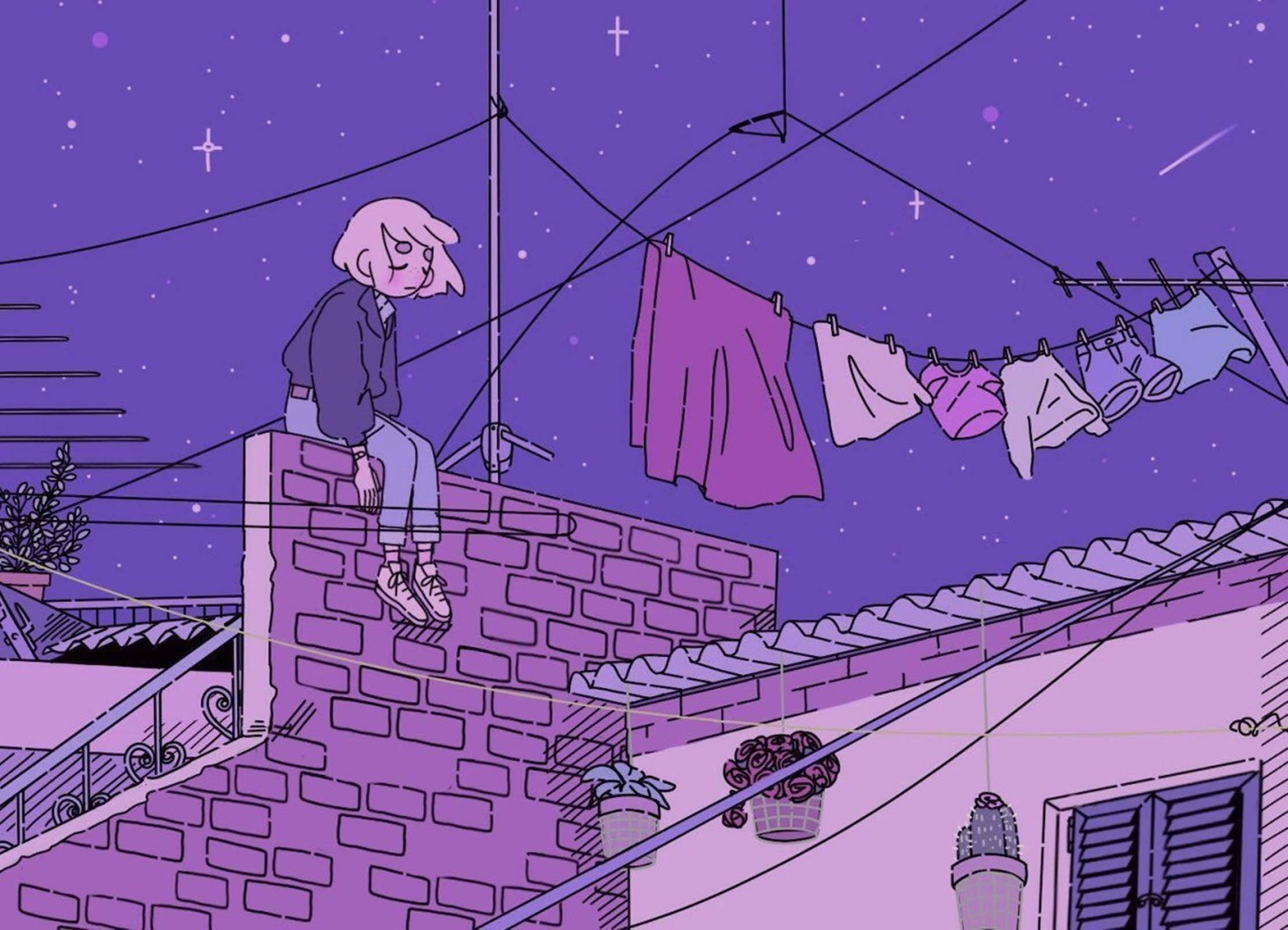 動漫女孩 桌布 壁紙 — 一個孤獨的身影坐在屋頂上，在繁星點點的紫色天空下，旁邊有一條晾衣繩，掛著衣物。