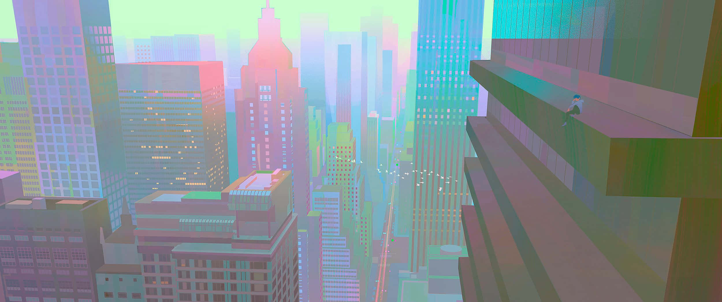 Promare 桌布 壁紙 — 一個孤獨的身影坐在摩天大樓的邊緣，俯瞰著沐浴在柔和霓虹光芒中的粉彩城市景觀。