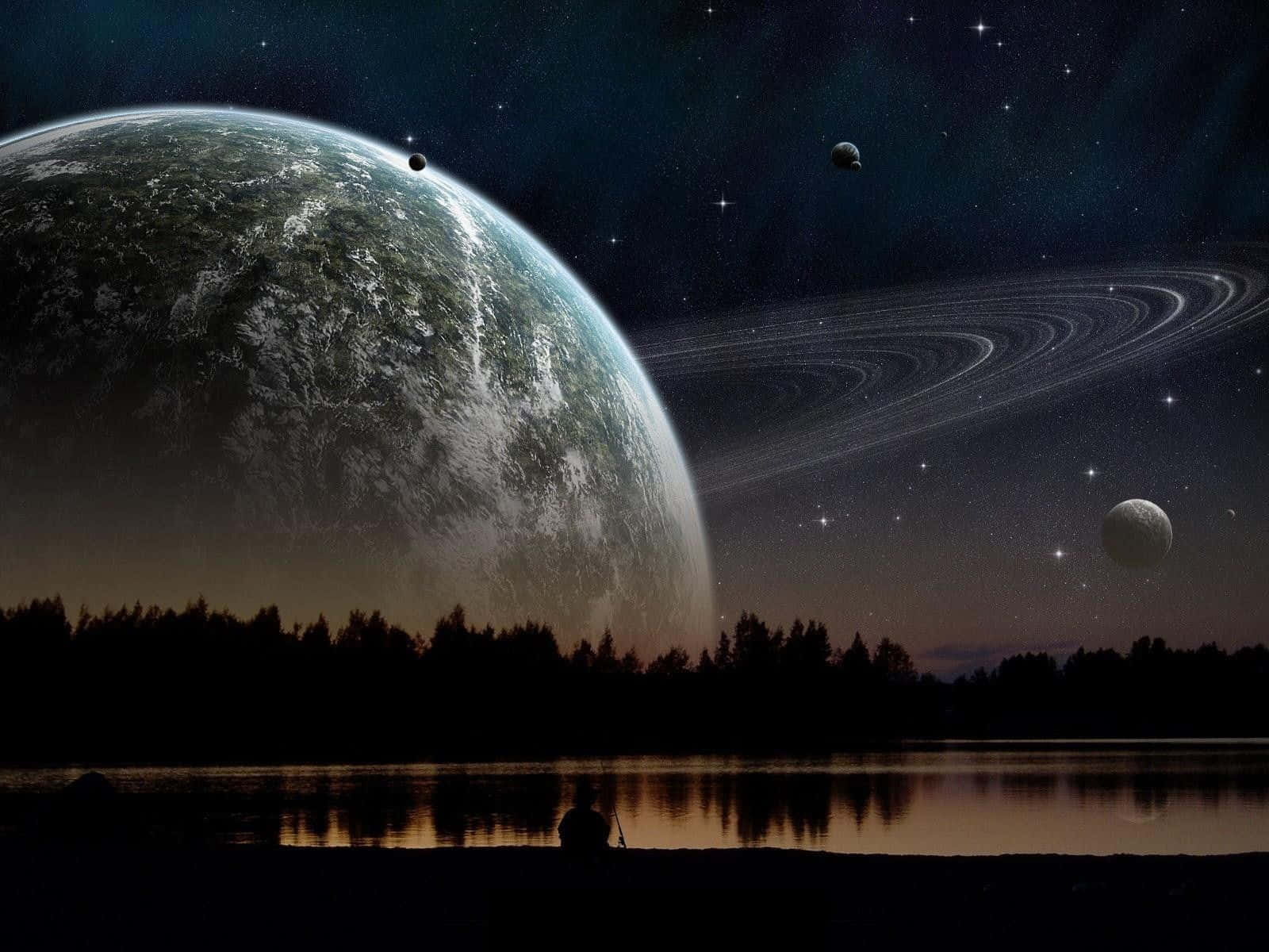 Beautiful Space 桌布 壁紙 — 一個孤獨的身影坐在暮色中的湖邊，仰望森林剪影上方超現實的宇宙場景，有巨大行星和帶環的世界。