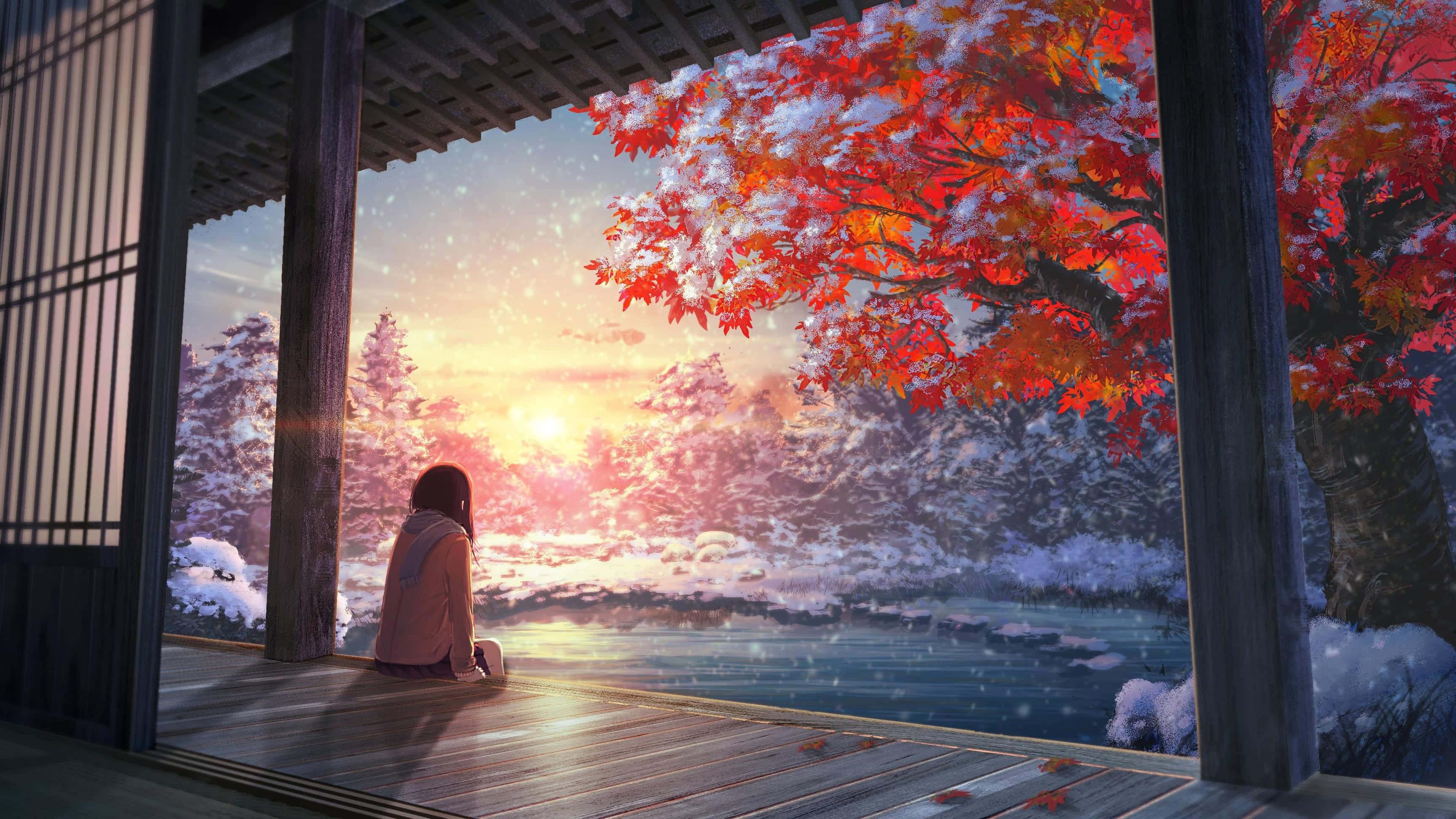Anime Sunset 桌布 壁紙 — 一個孤獨的身影坐在木製門廊上，頭頂是鮮紅的楓樹，雪花在寧靜的冬日夕陽中飄落。