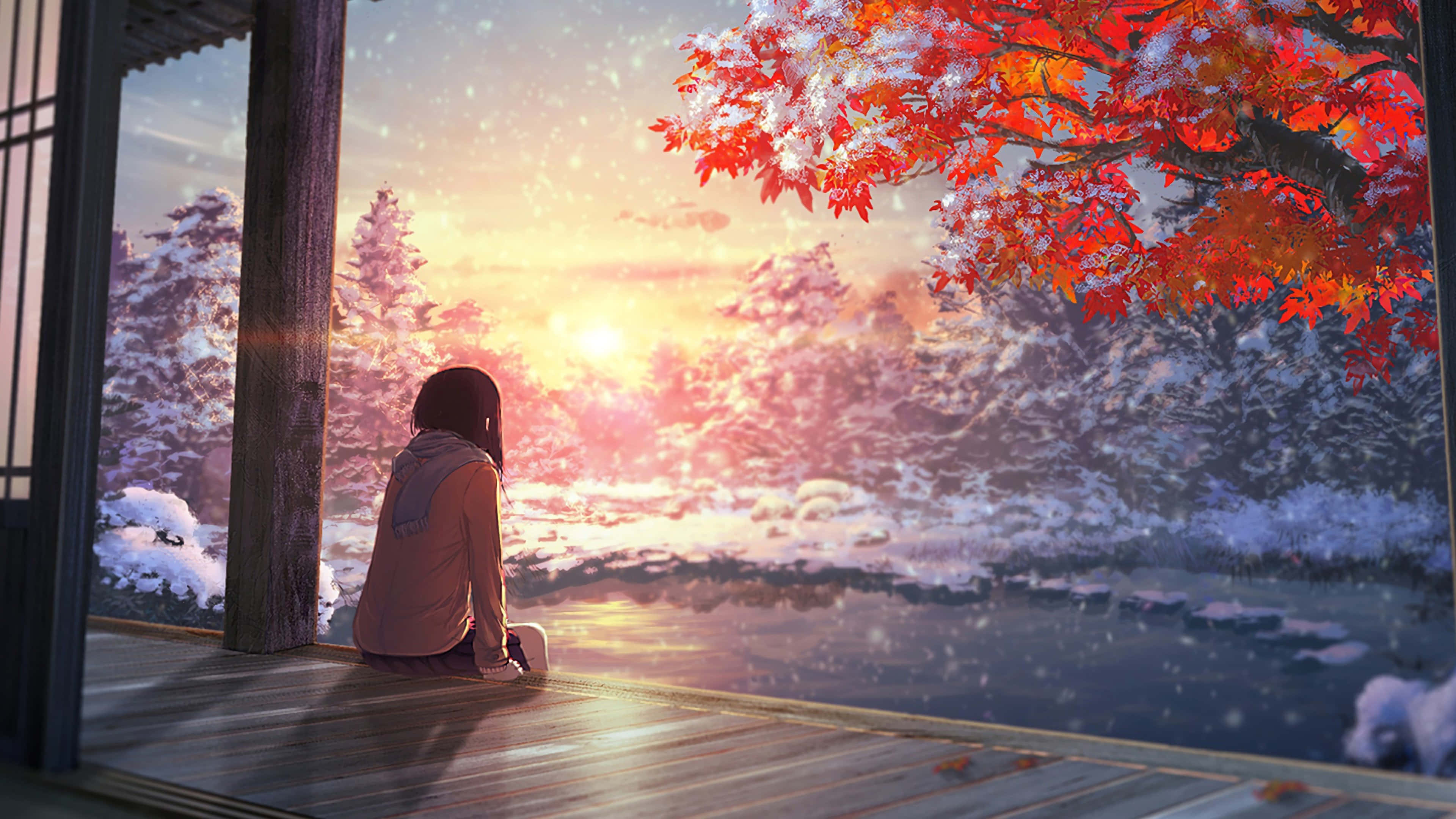 Anime Sunset 桌布 壁紙 — 一個孤獨的身影坐在木質門廊上，透過鮮紅的楓葉觀賞雪景日落。