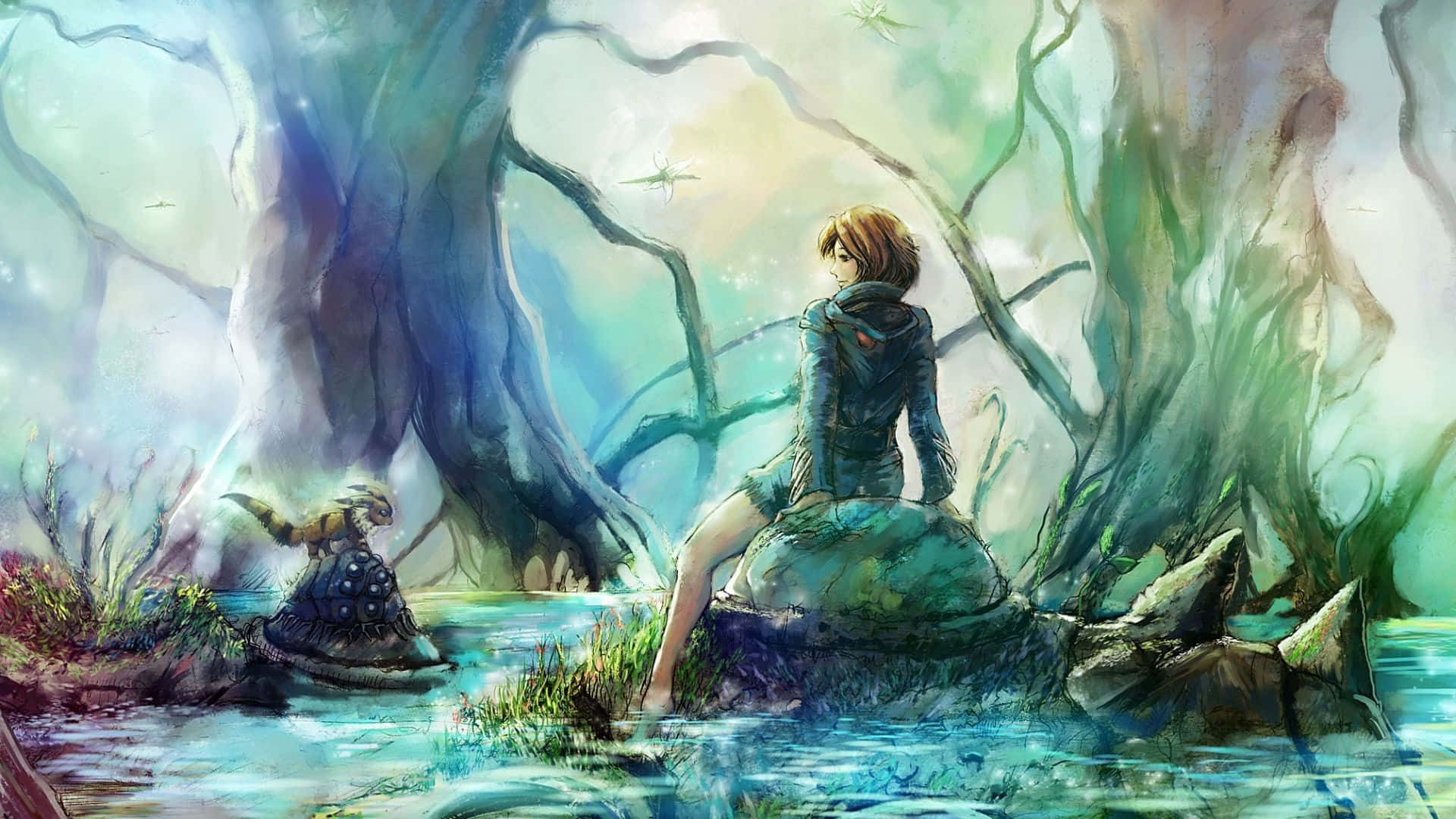 nausicaä of the valley of the wind 桌布 壁紙 — 一個孤獨的身影坐在神秘森林空地的苔蘚岩石上，凝視著寧靜溪流旁的一個發光生物。