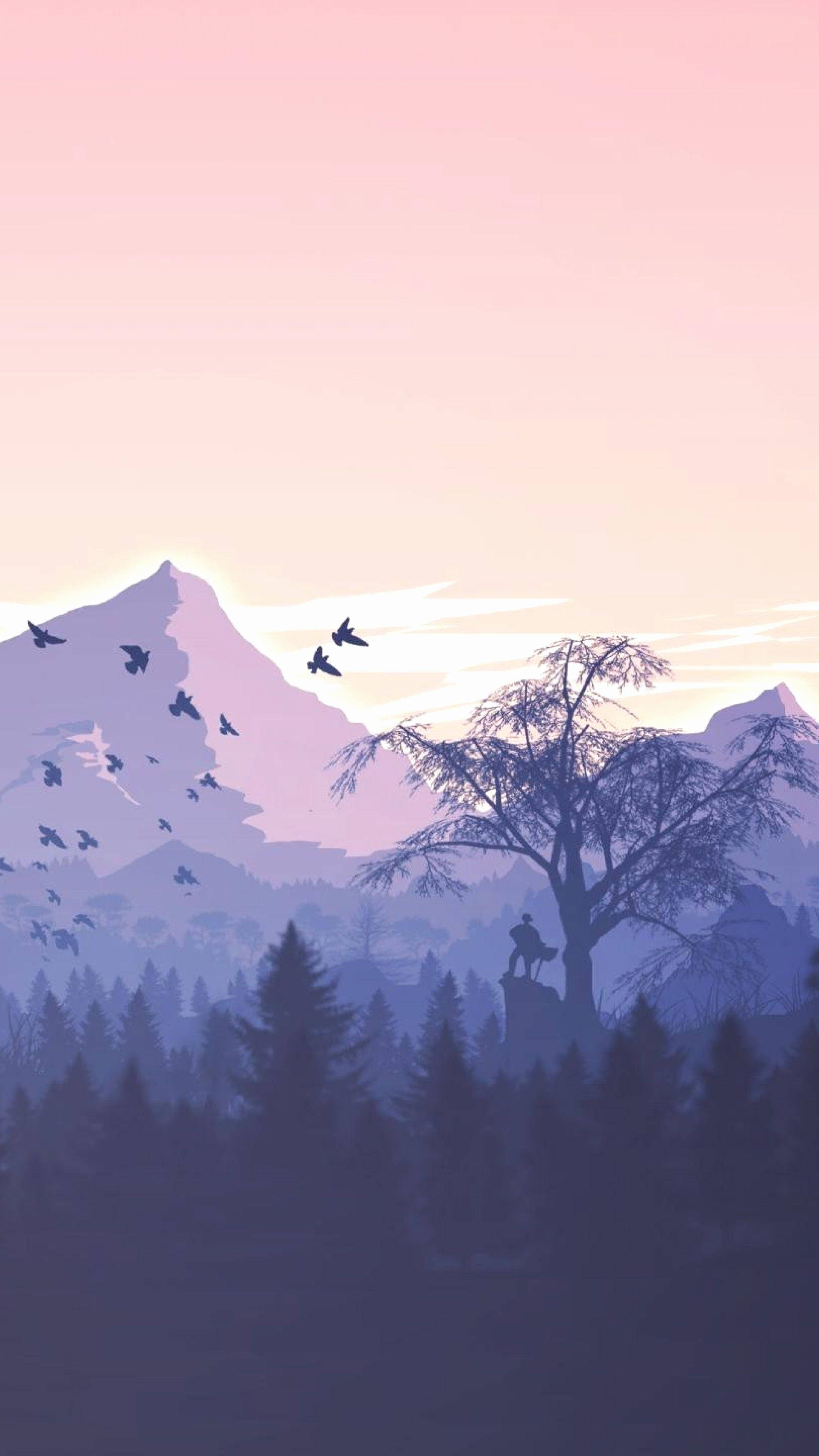 Mountain 桌布 壁紙 — 一個孤獨的身影坐在霧氣瀰漫的森林中的樹頂上，鳥兒在白雪覆蓋的山脈前飛過，天空呈現柔和的粉紅色日落。