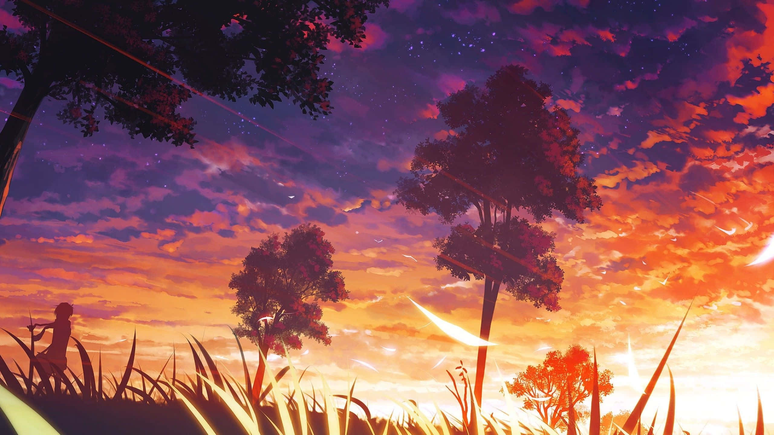 Anime Sunset 桌布 壁紙 — 一個孤獨的身影坐在高高的草叢中，下方是充滿紫色、橙色和星光的生動暮色天空，樹木的剪影勾勒出地平線。