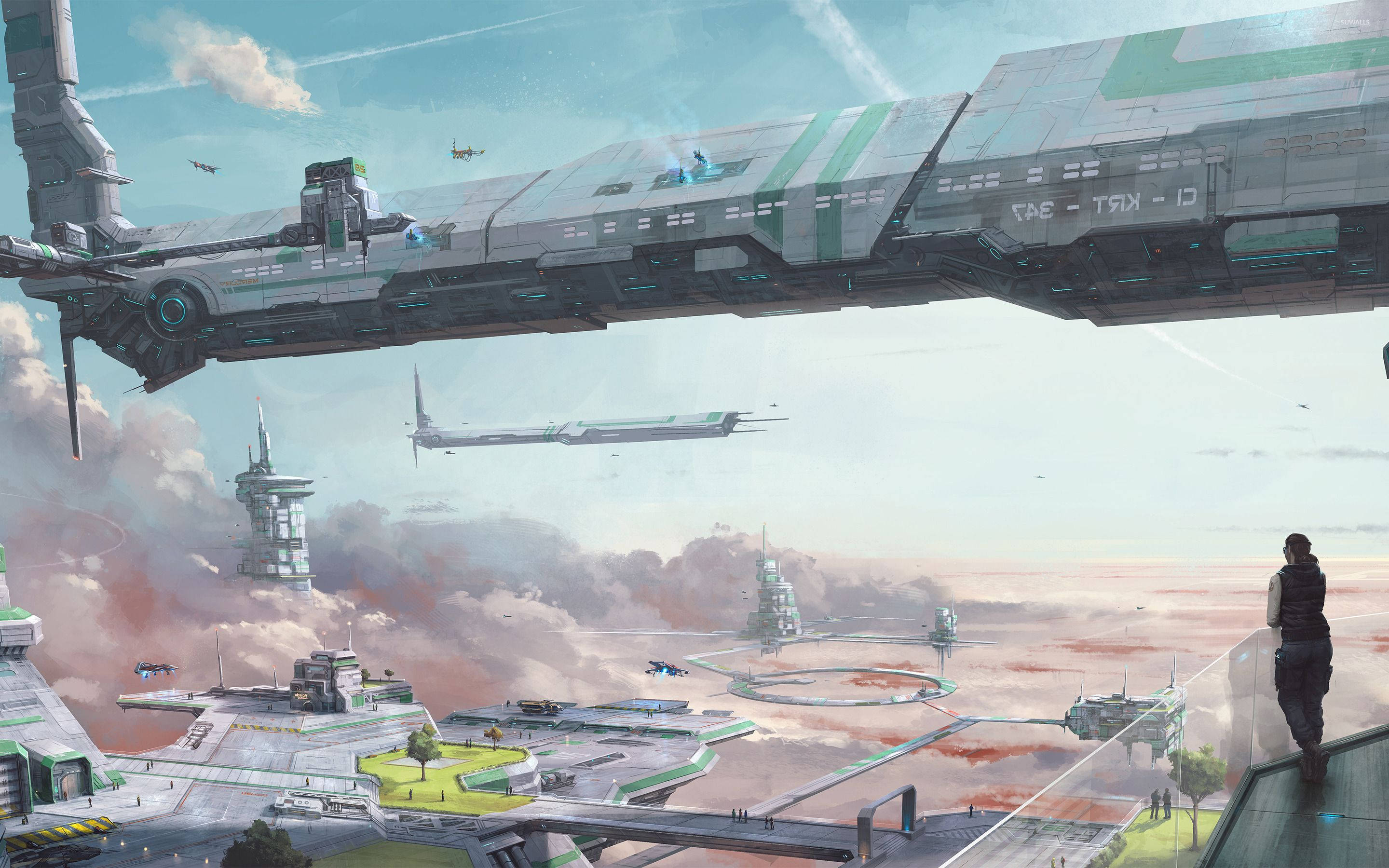 Planet Crusader Star Citizen 壁紙 — 一個孤獨的身影從陽台凝視著廣闊的未來城市，巨大的漂浮太空船和時尚的飛行車輛在明亮的天空下。