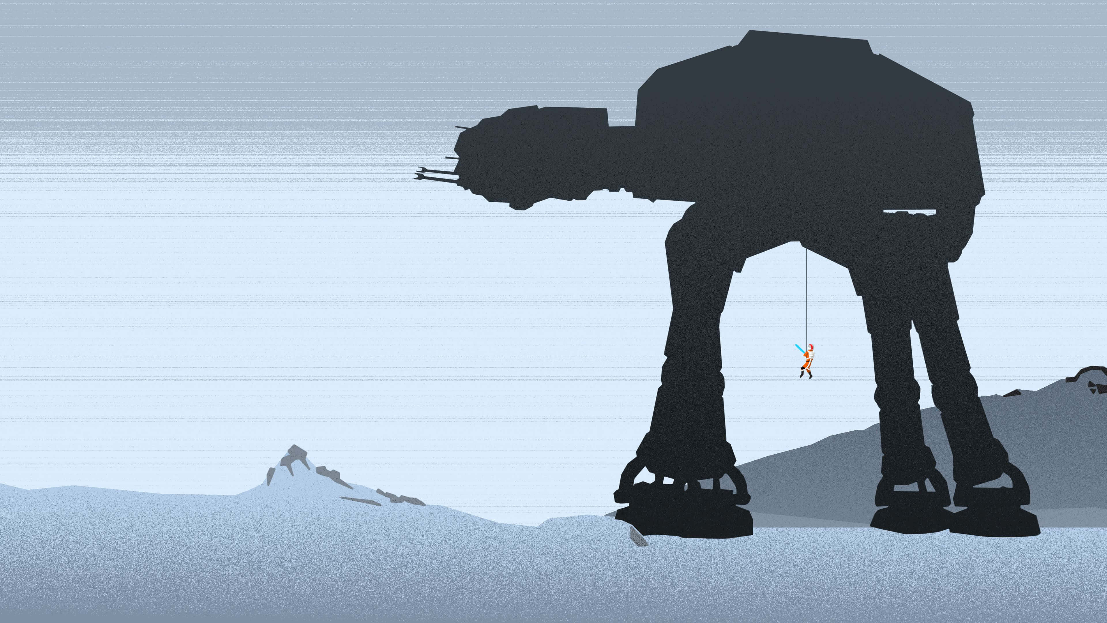 At-at 桌布 壁紙 — 一個孤獨的身影手持光劍，懸掛在一條纜索上，吊在一台巨大的AT-AT步行機下方，背景是荒涼的雪地。