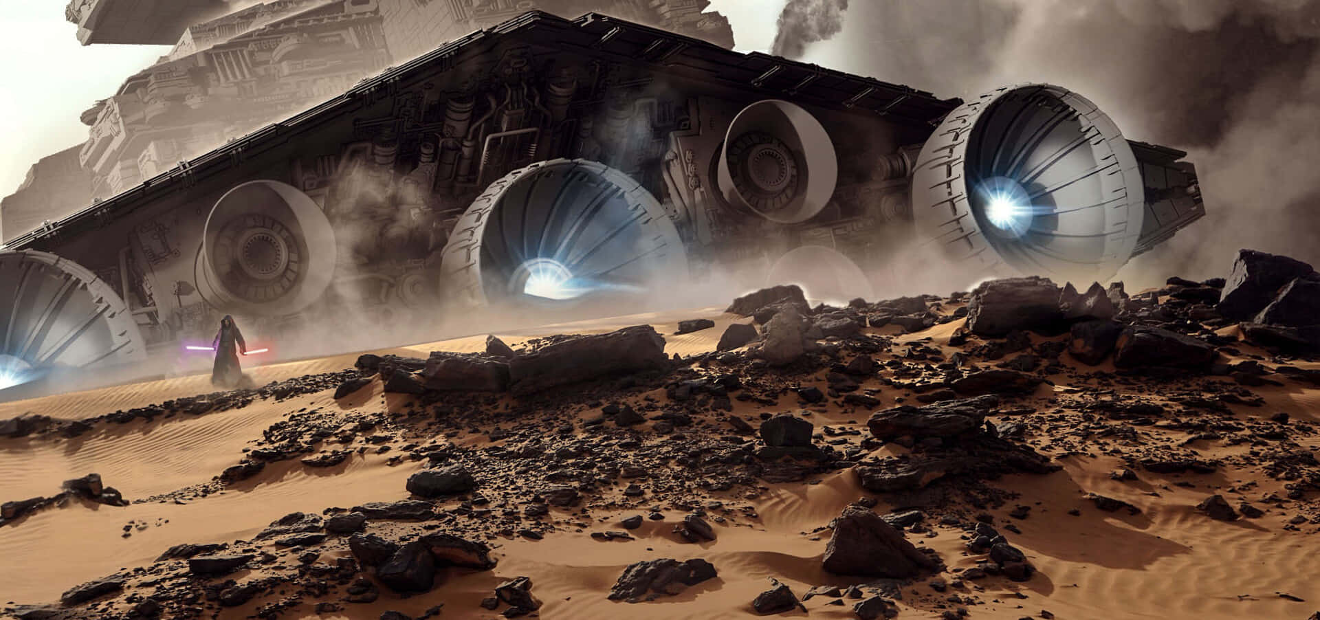 Jakku 桌布 壁紙 — 一個孤獨的身影手持發光的光劍，站在一艘引擎發光的巨大星艦前，背景是荒蕪的沙漠星球。