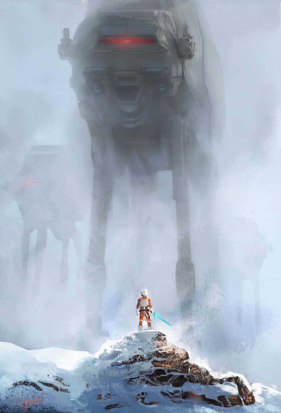 Hoth 桌布 壁紙 — 一個孤獨的身影手持藍色光劍，挑釁地站在雪崖上，面對從霧中出現的巨大AT-AT步行機。