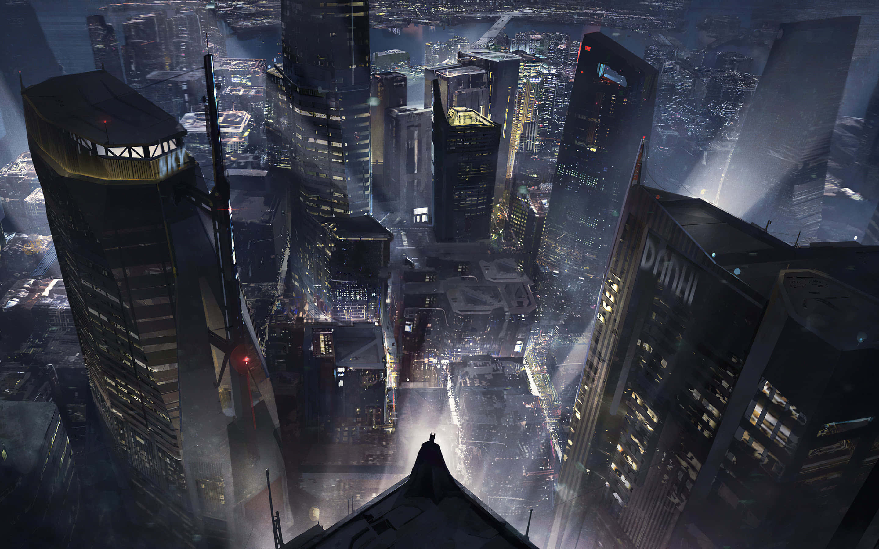 Gotham City 桌布 壁紙 — 一個孤獨的身影披著斗篷站在摩天大樓頂端，俯瞰著夜晚燈火輝煌、玻璃塔高聳的廣闊未來城市景觀。