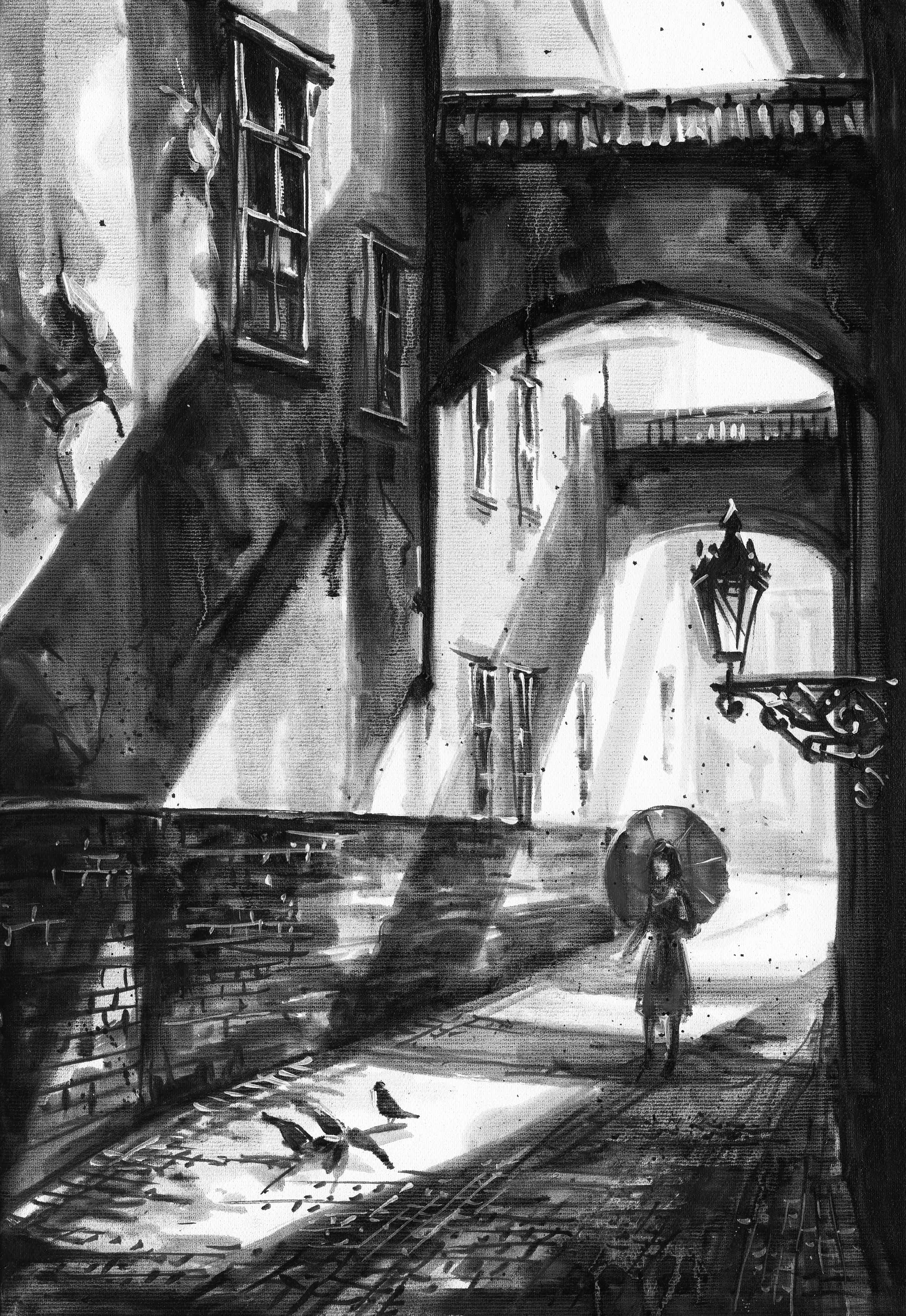 Black And White Drawings 桌布 壁紙 — 一個孤獨的身影撐著傘，走過一條陽光普照的石拱門，進入一條單色調的城市小巷，巷內有鳥兒和華麗的燈籠。