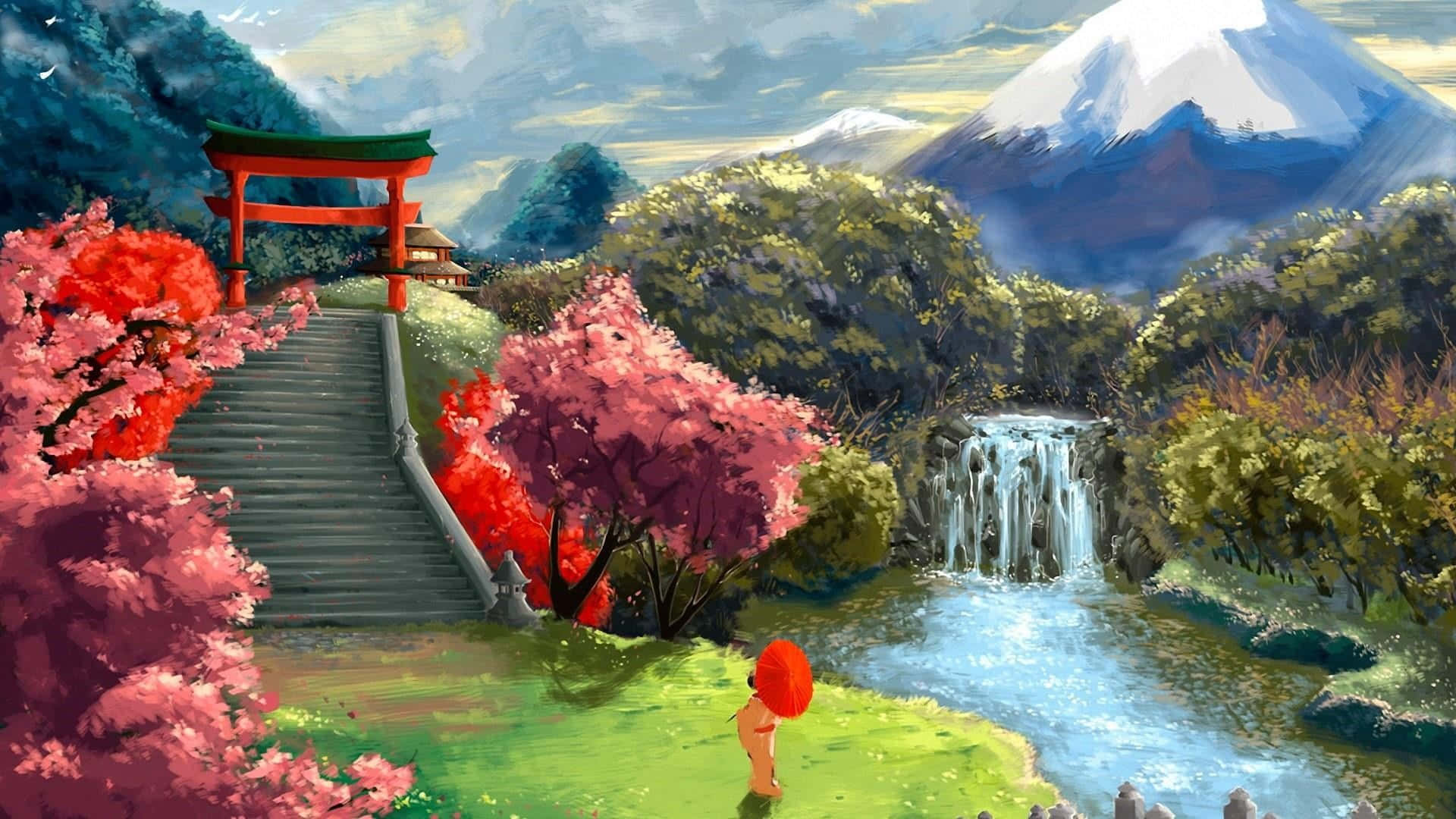 Nature Scenery 桌布 壁紙 — 一個孤獨的身影撐著紅傘，站在通往紅色鳥居的 vibrant 櫻花林前，背景是山巒天空。