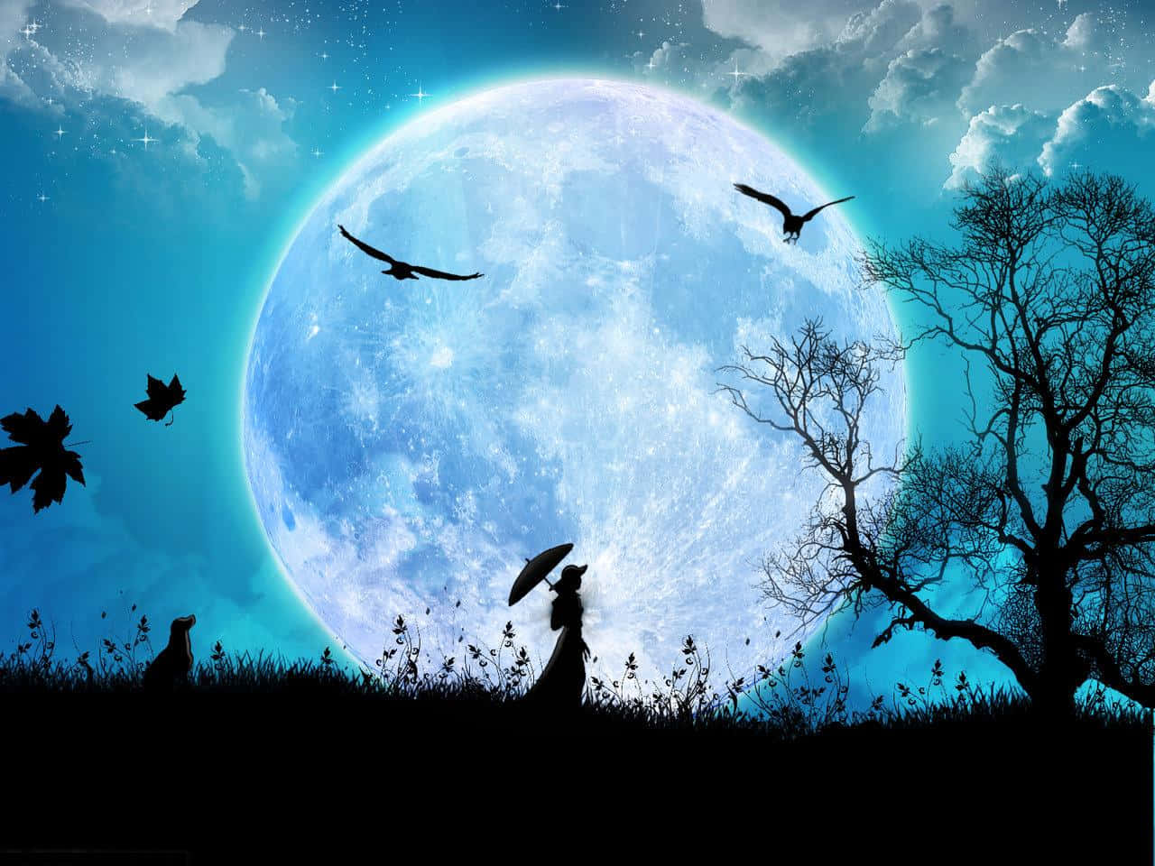 月光 桌布 壁紙 — 一個孤獨的身影撐著雨傘，在巨大的藍色月亮下形成剪影，鳥兒和樹葉在星光燦爛的暮色天空中飄蕩。