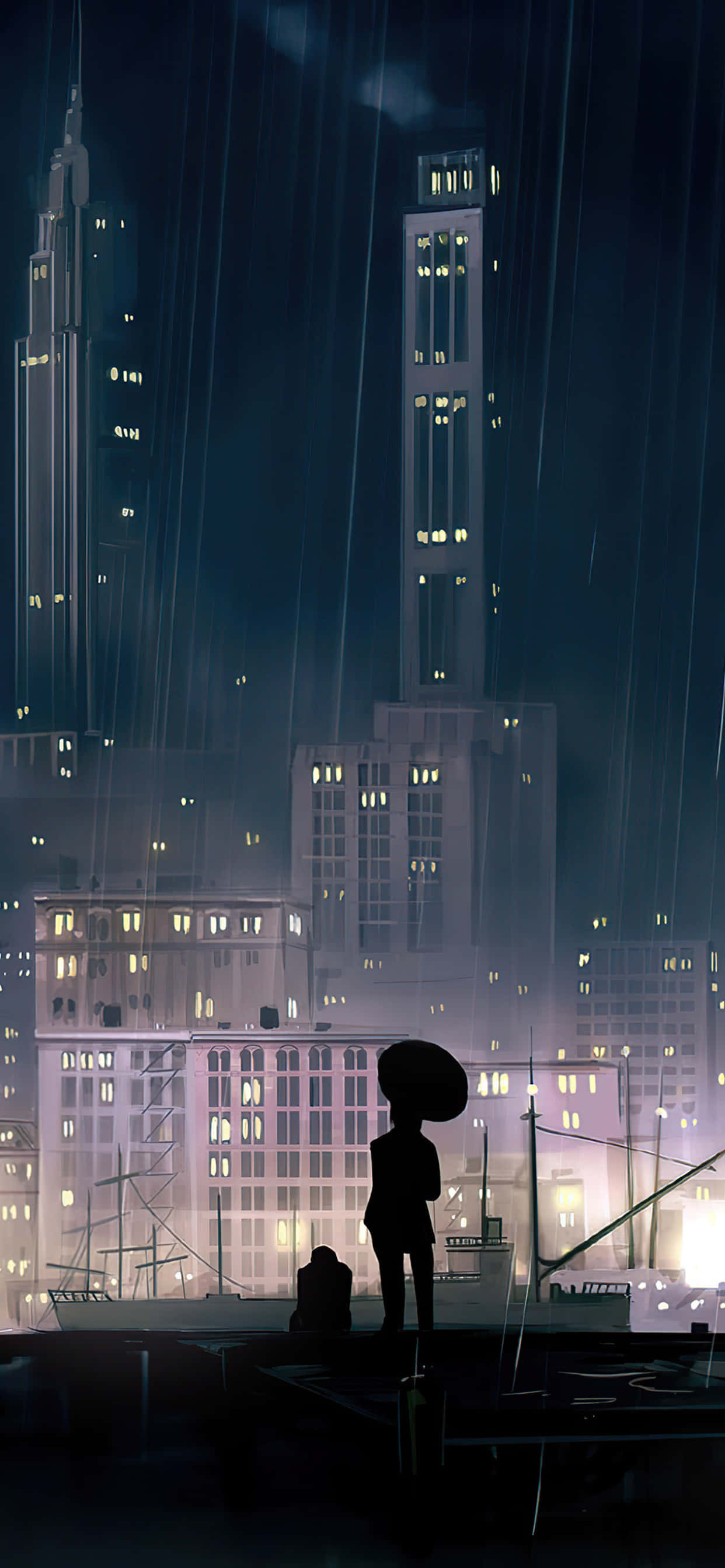 Aesthetic Anime City 桌布 壁紙 — 一個孤獨的身影撐著雨傘站在夜間的碼頭上，雨水落在發光的摩天大樓背景下。