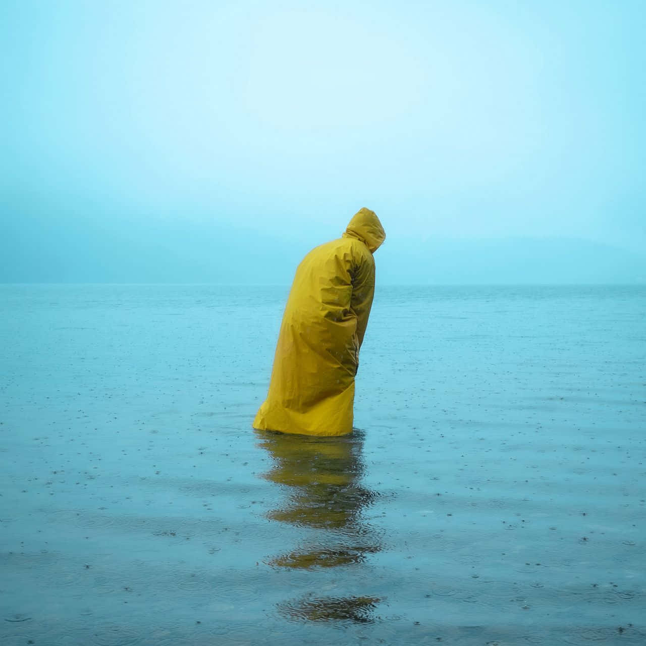 Yellow Raincoat 桌布 壁紙 — 一個孤獨的身影穿著亮黃色雨衣，在淡藍色天空下，膝蓋深地站在廣闊的霧湖中。