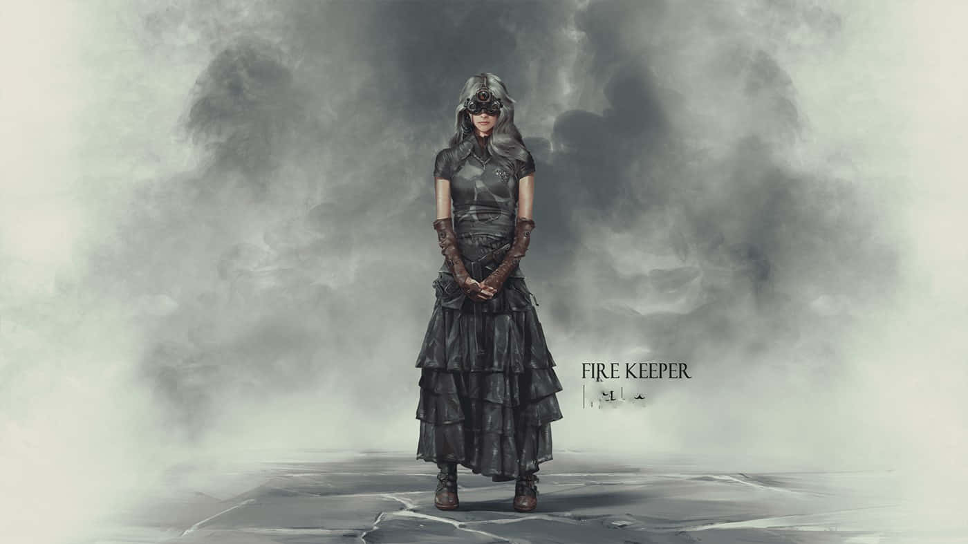 Fire Keeper 桌布 壁紙 — 一個孤獨的身影穿著深色多層服裝，莊嚴地站在霧氣瀰漫的黑白風景中，標題「FIRE KEEPER」清晰可見。
