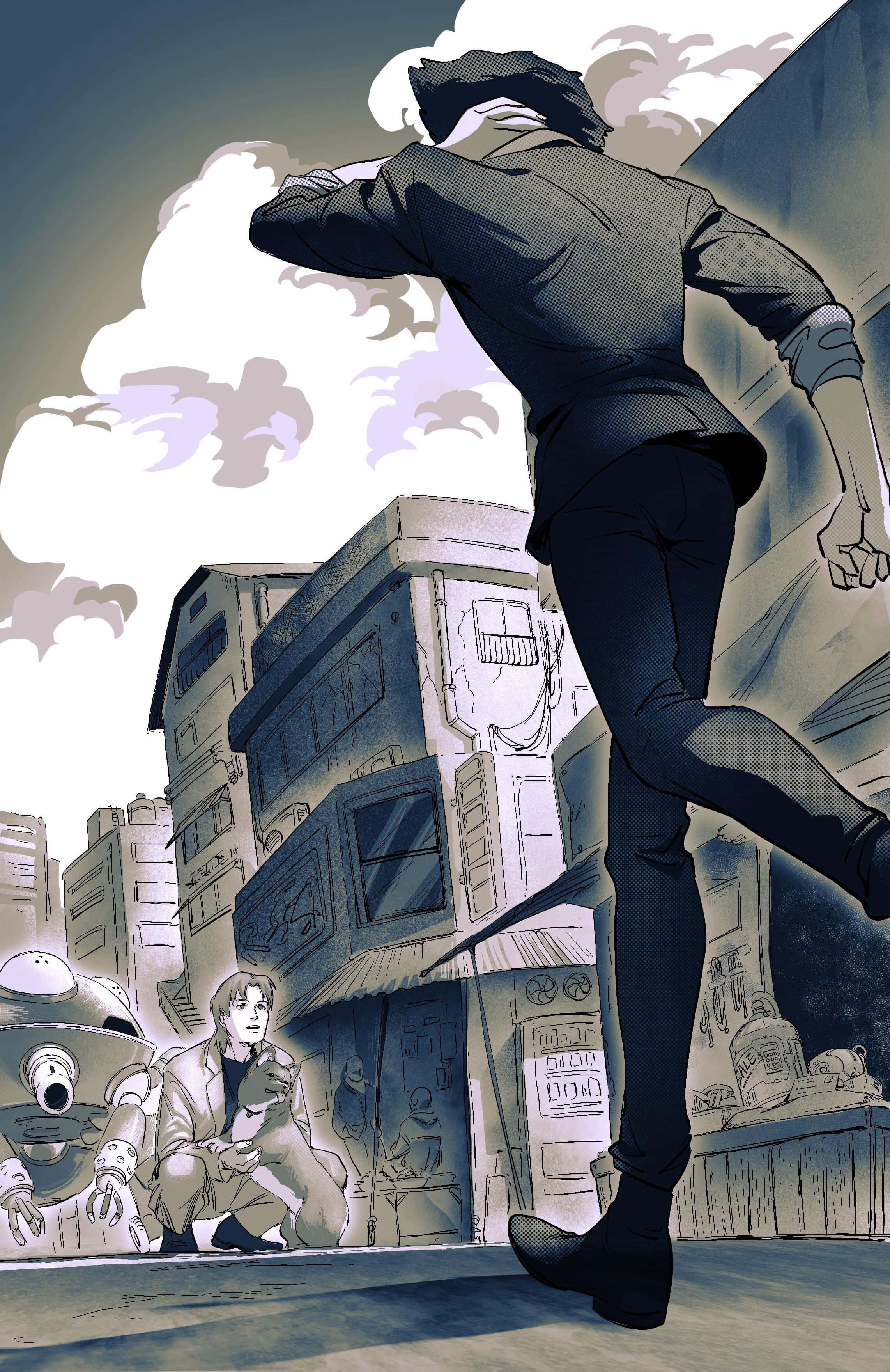 Ghost In The Shell Togusa 桌布 壁紙 — 一個孤獨的身影穿著深色西裝，動態地跳過一條骯髒的城市小巷，而一個機械人和一個蹲下的男人在下面觀看。