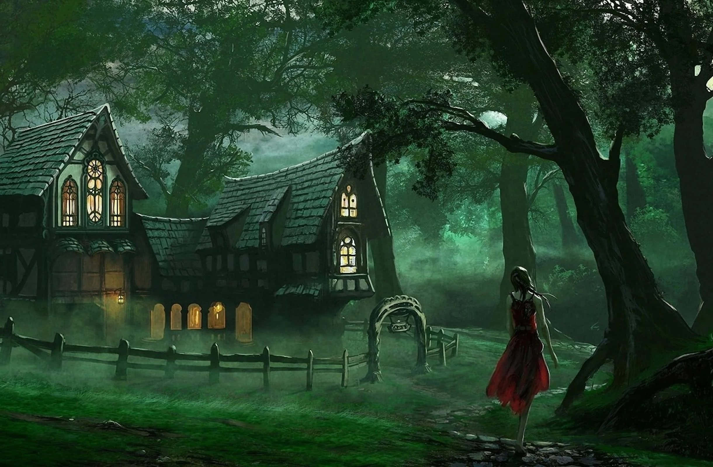 一個穿著紅色連衣裙的女人在夜晚走向霧氣森林中的發光房子。 — 美學版 among US GIF 壁紙