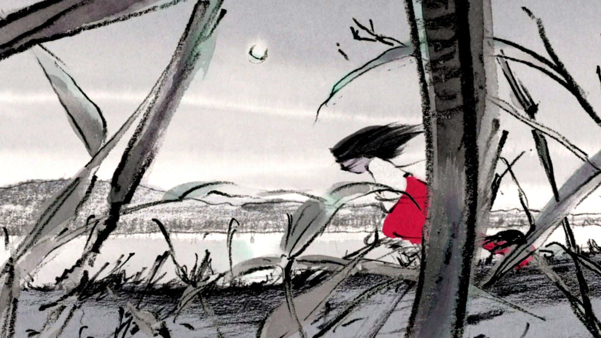 The Tale Of The Princess Kaguya 桌布 壁紙 — 一個孤獨的身影穿著紅色連衣裙，隱藏在高高的蘆葦叢中，蒼白的月光下俯瞰遠處的水域。