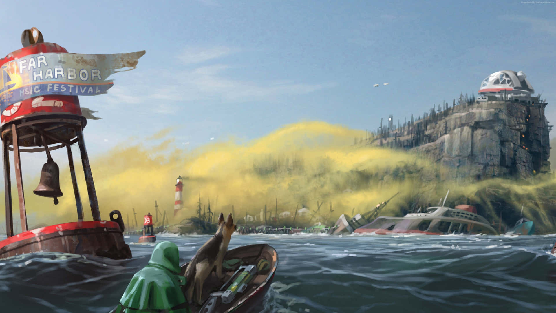 Fallout 4 Wasteland 桌布 壁紙 — 一個孤獨的身影穿著綠色連帽斗篷，划船經過廢棄燈塔和沉船，朝向懸崖堡壘，天空昏黃朦朧。