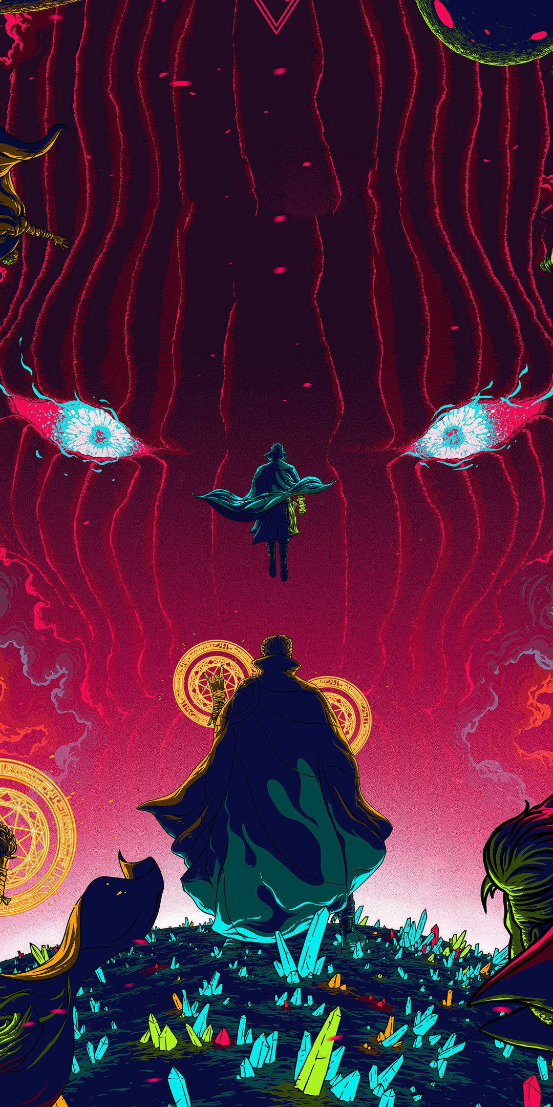 Dr Strange 桌布 壁紙 — 一個孤獨的身影穿著飄逸的斗篷，站在水晶般的田野上，下方是宇宙紅色的天空，漂浮著發光的眼睛和神秘的符號。