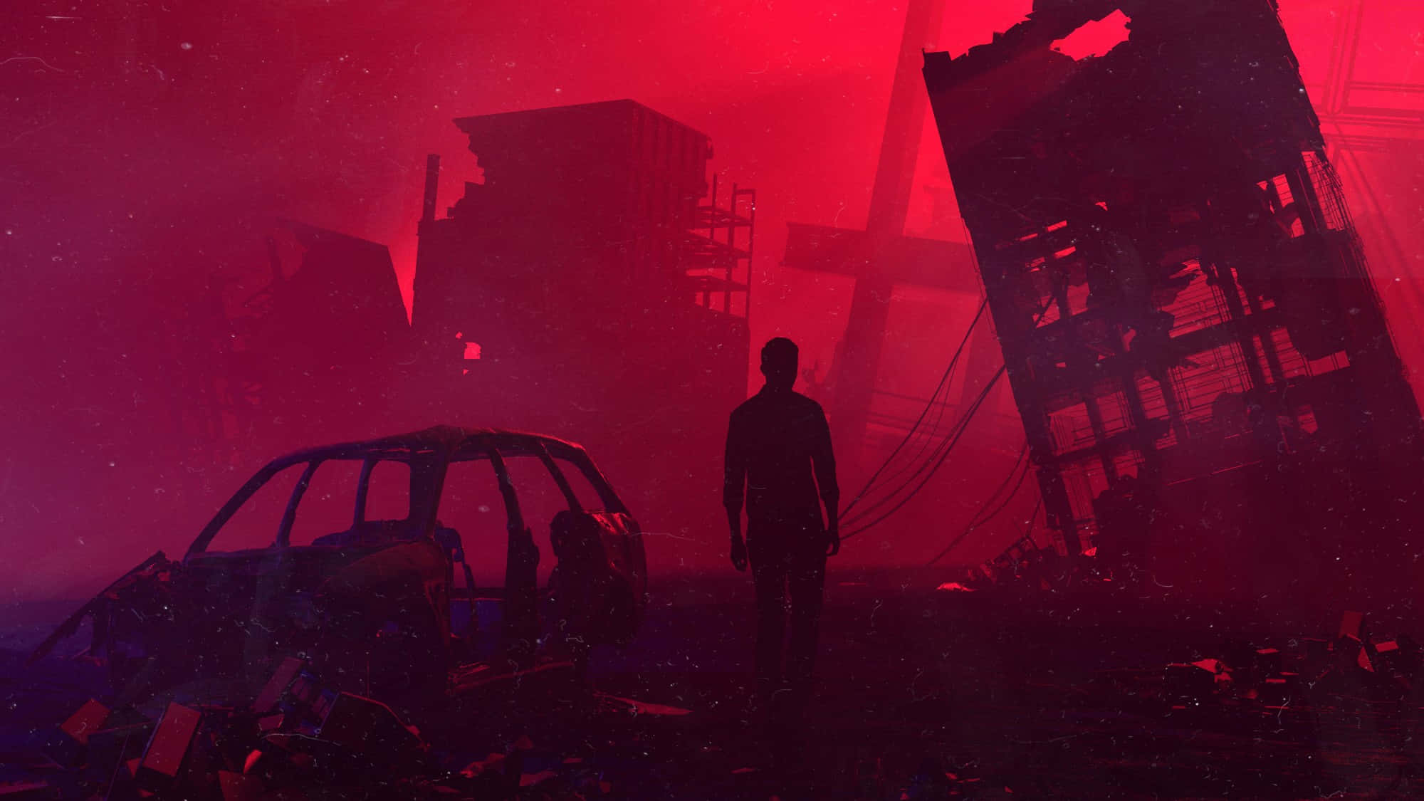 Dark Dystopian 桌布 壁紙 — 一個孤獨的身影穿過廢墟城市景觀，沐浴在不祥的紅光中，周圍是倒塌的建築物和毀壞的汽車。