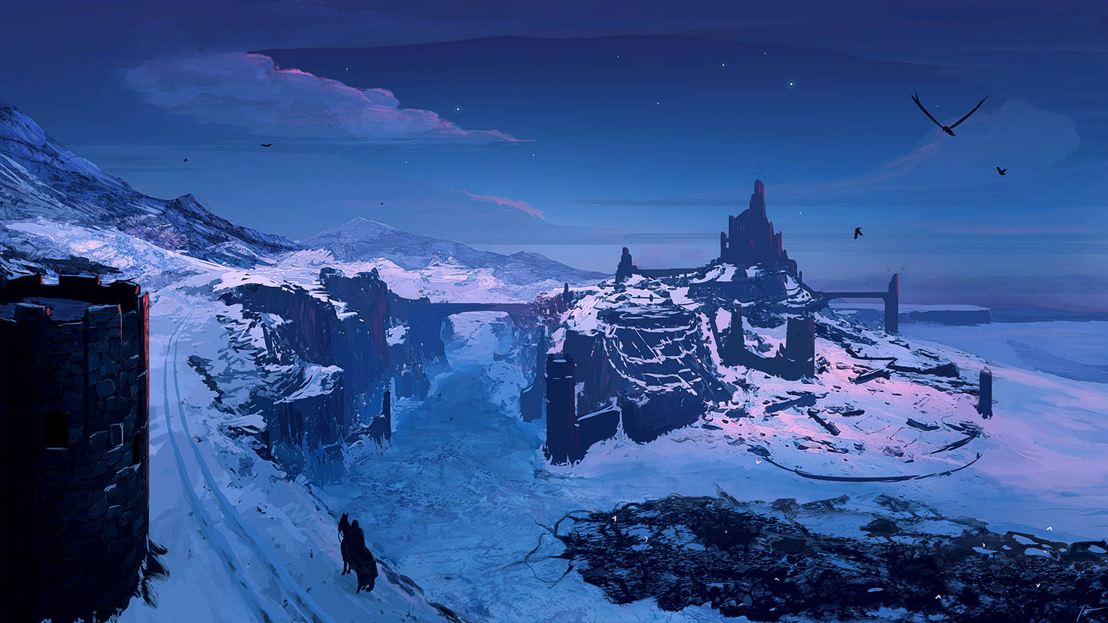 Painting 桌布 壁紙 — 一個孤獨的身影穿過雪峽谷，走向遠處的城堡，天空暮色中有飛鳥。