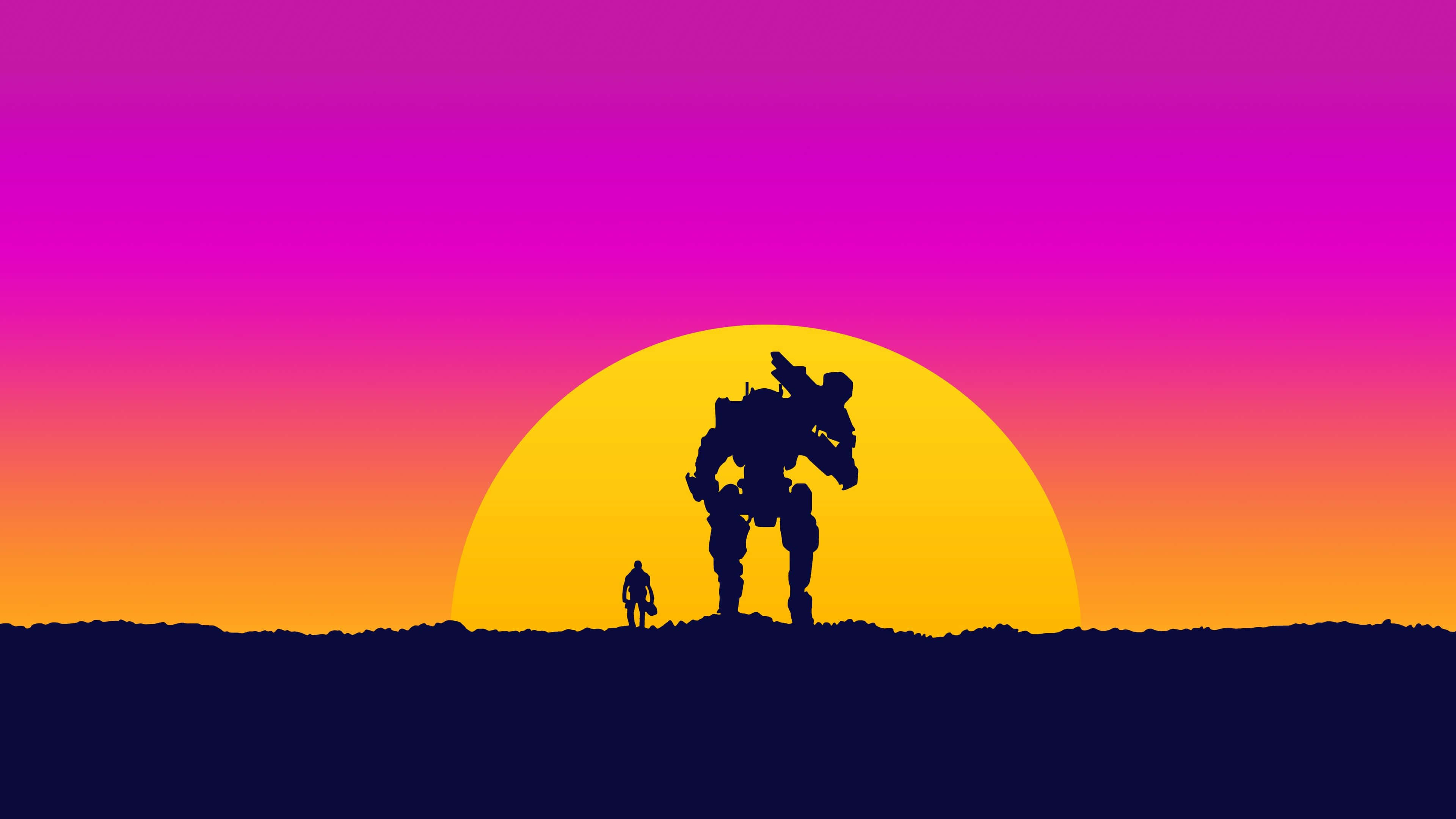 Minimal Art 桌布 壁紙 — 一個孤獨的身影站在一個巨型機械人剪影旁邊，背景是充滿活力的日落漸變天空。