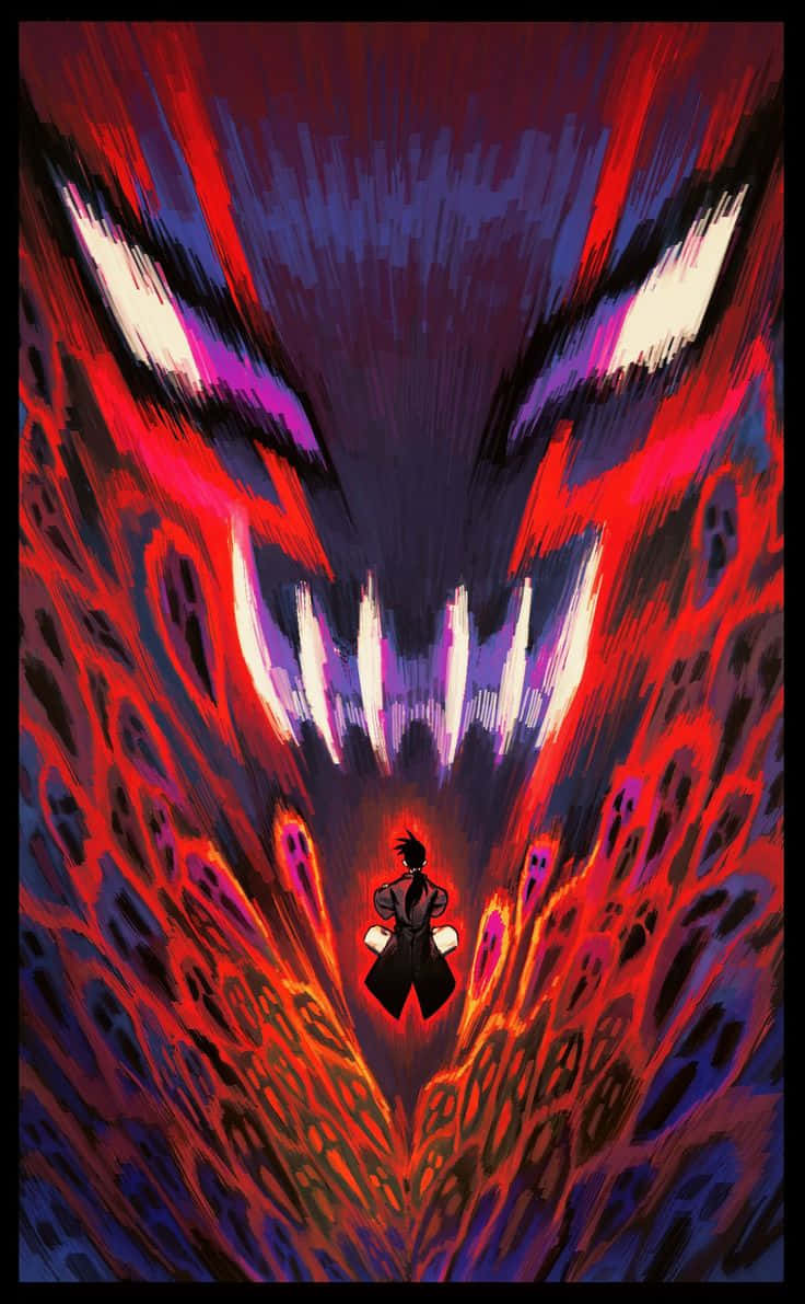 Greed 桌布 壁紙 — 一個孤獨的身影站在一個巨大的、帶有發光眼睛和尖銳牙齒的威脅性面孔前，以鮮豔的紅色和紫色呈現。