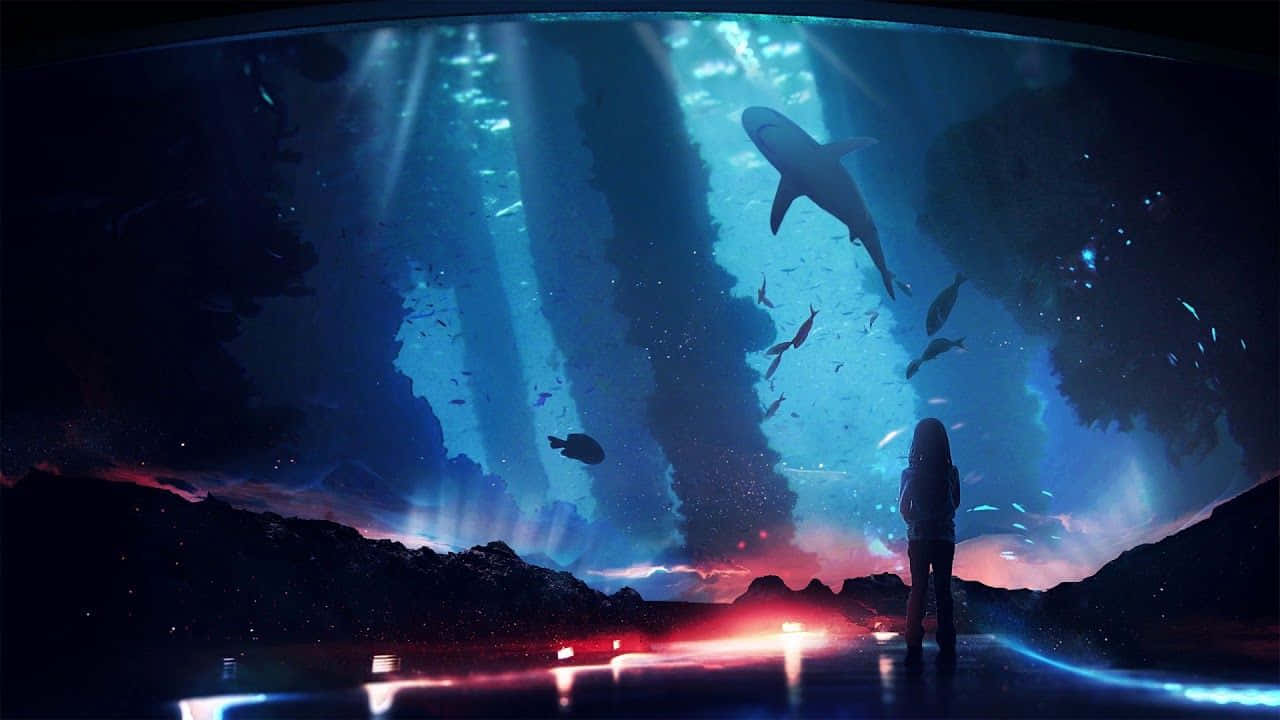 Aquatic 桌布 壁紙 — 一個孤獨的身影站在一個巨大的水族箱前，觀看鯊魚和魚群在陽光照射的深藍色水中游動。