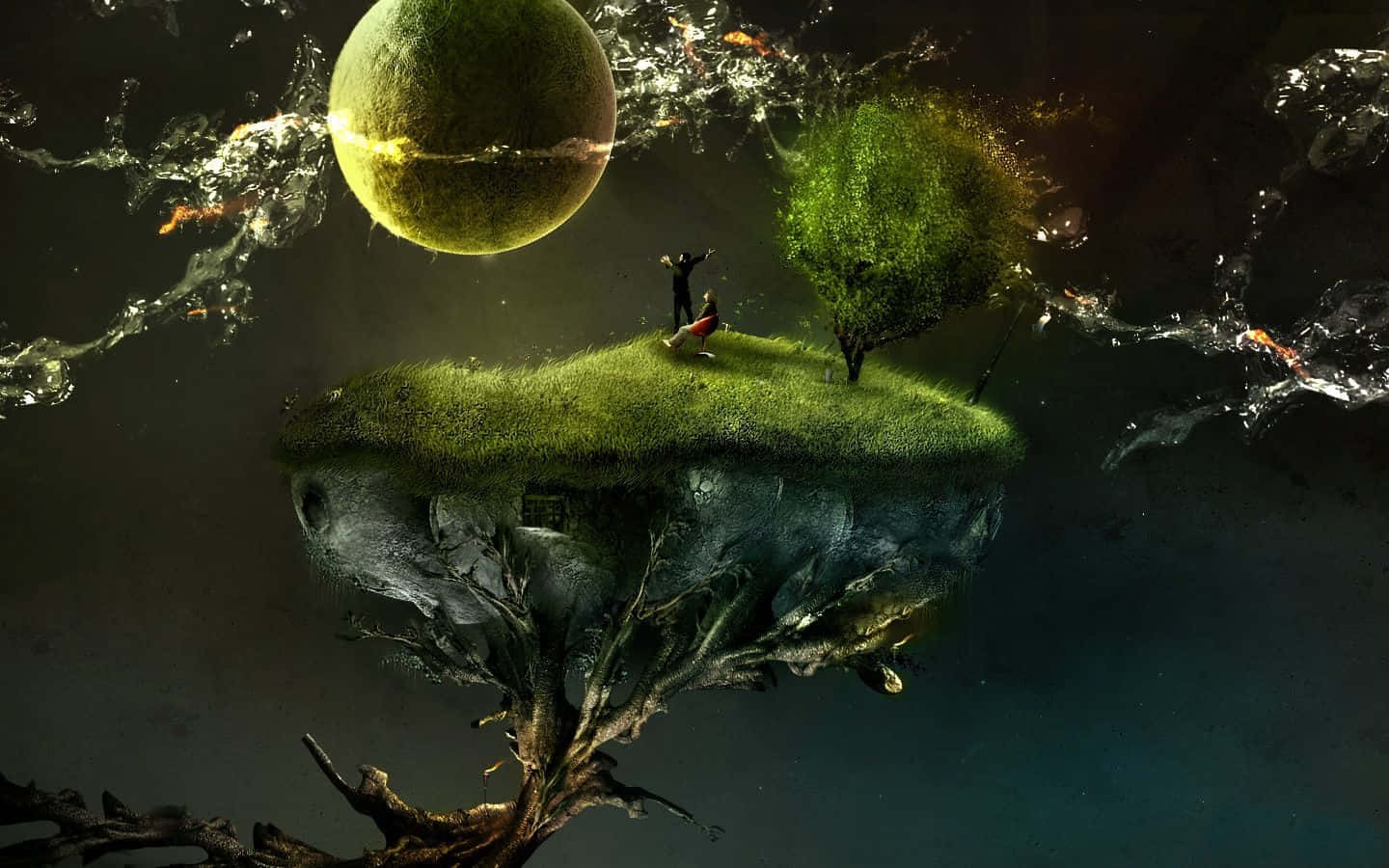 Dark Surrealism 桌布 壁紙 — 一個孤獨的身影站在一個浮島上，島上有一棵樹和一個發光的球體，周圍是漩渦的水和黑暗的深處。