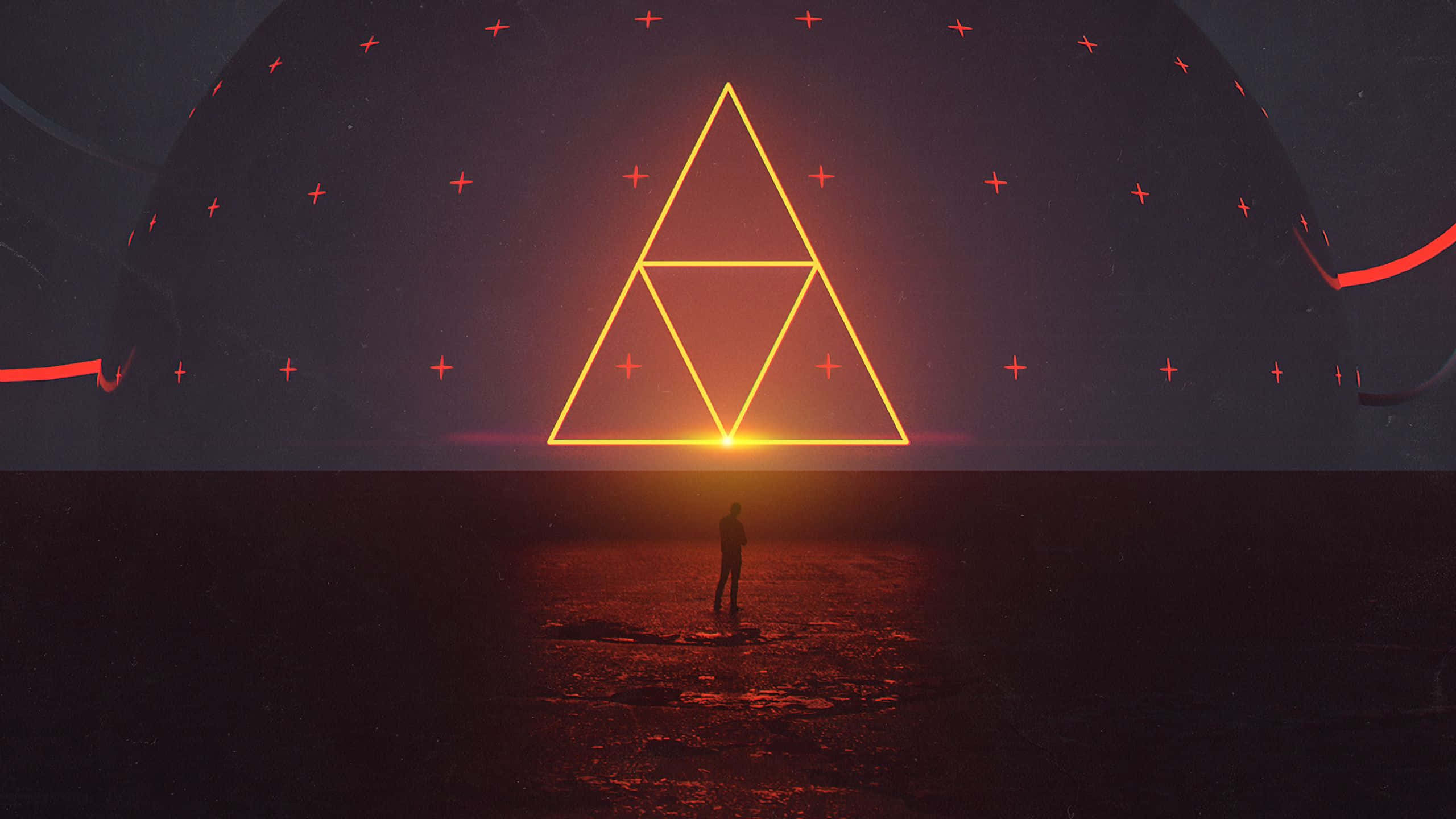 Yellow Triangle 桌布 壁紙 — 一個孤獨的身影站在一個漂浮在星空宇宙穹頂中的發光金色三角力量符號前。