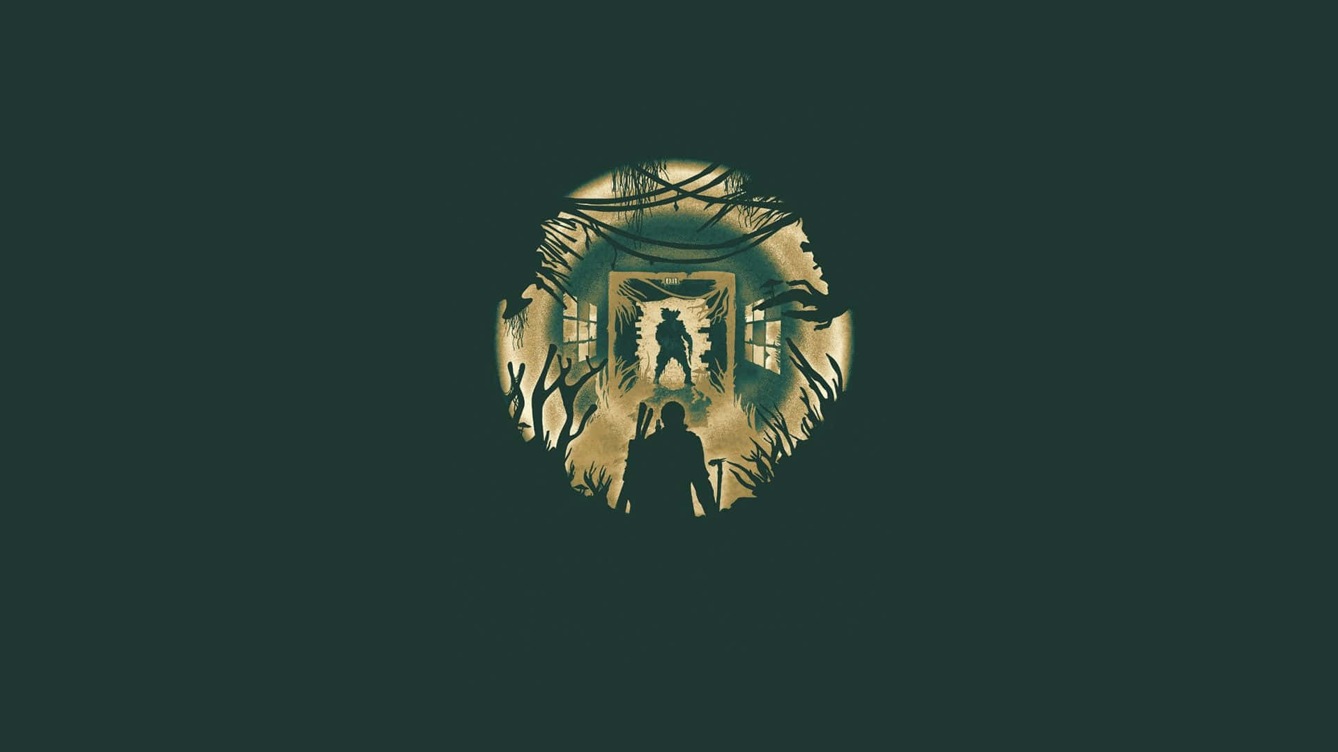 Minimalist Game 桌布 壁紙 — 一個孤獨的身影站在一個發光的圓形傳送門前，該傳送門由扭曲的藤蔓環繞，顯露出昏暗叢林中一個遙遠的戰士剪影。
