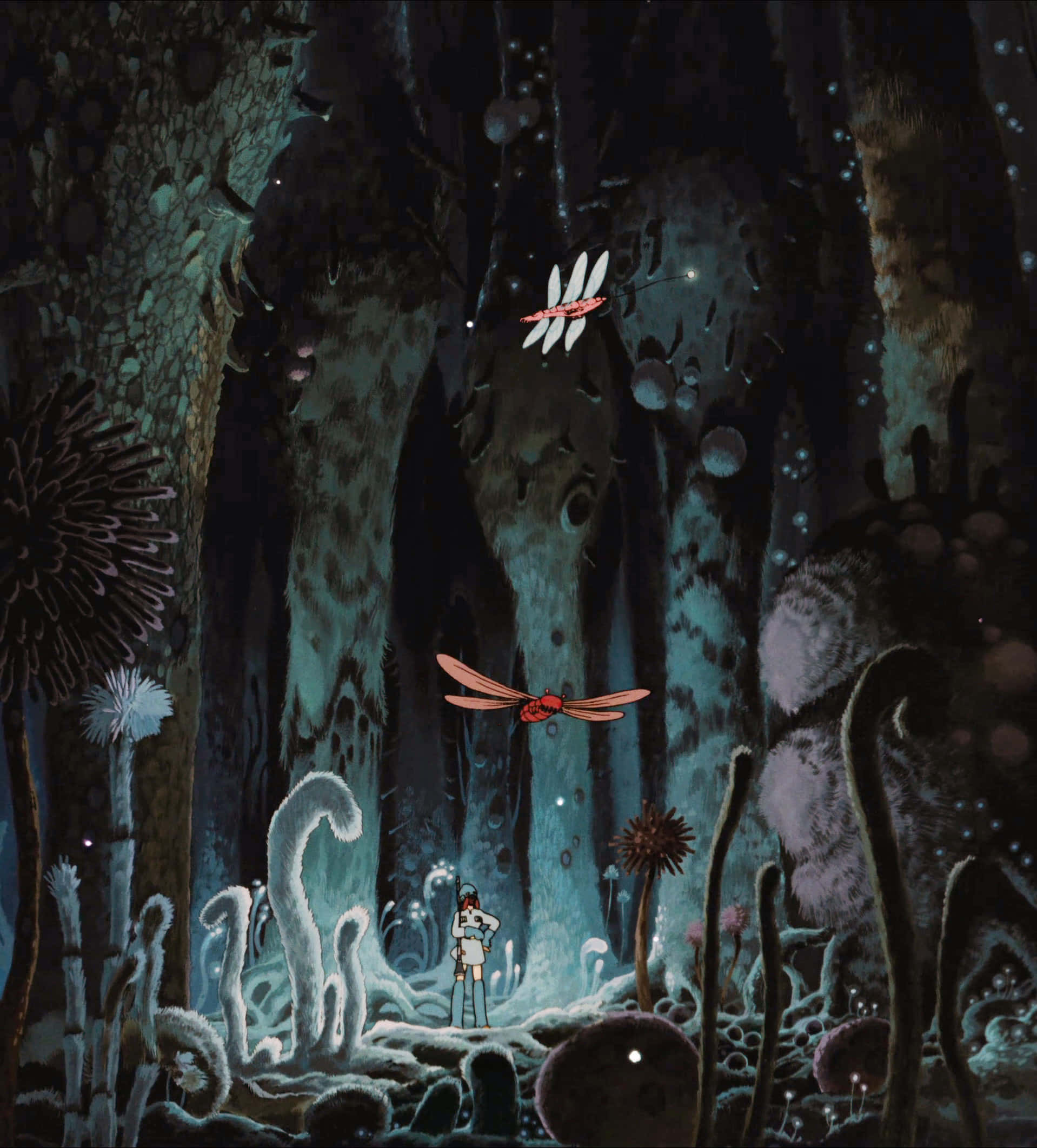 Studio Ghibli Art 桌布 壁紙 — 一個孤獨的身影站在一個神秘的水底洞穴中，被發光的紅色蜻蜓和生物發光植物照亮。