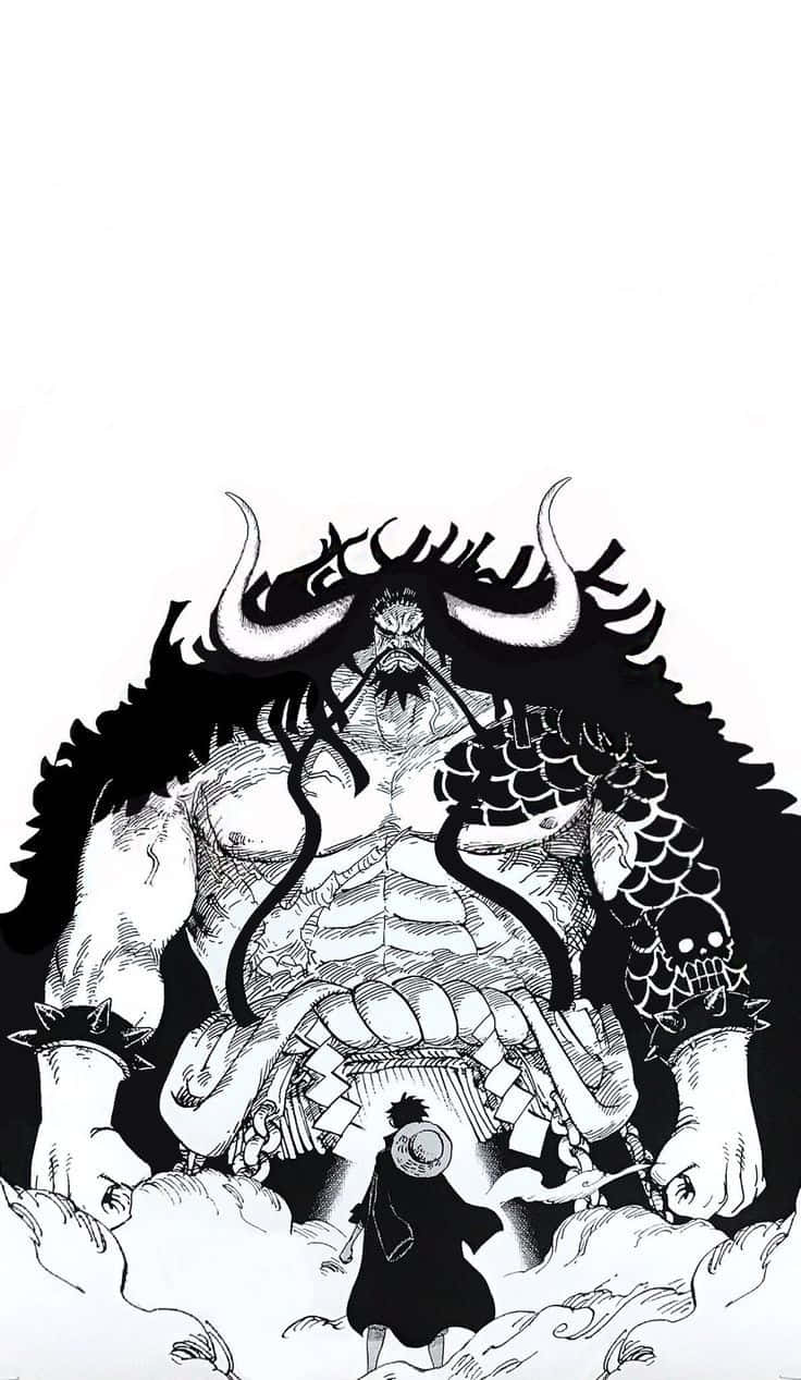 Yonko 桌布 壁紙 — 一個孤獨的身影站在一個高聳的、有角的惡魔面前，惡魔身穿魚鱗甲冑並帶有骷髏圖案，以鮮明的黑白呈現。