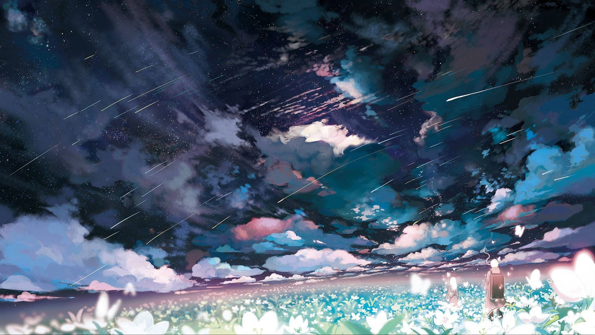 動漫風景 桌布 壁紙 — 一個孤獨的身影站在一片發光的白色花田中，上方是劃過流星和旋轉雲層的戲劇性暮色天空。