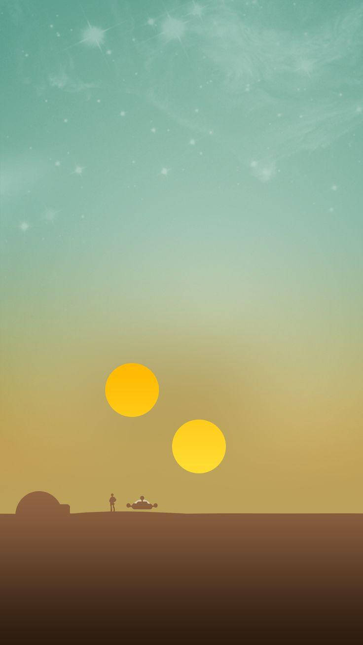星際大戰 桌布 壁紙 — 一個孤獨的身影站在一輛小型車輛旁，下方是兩顆發光的太陽，背景是星空的外星天空。