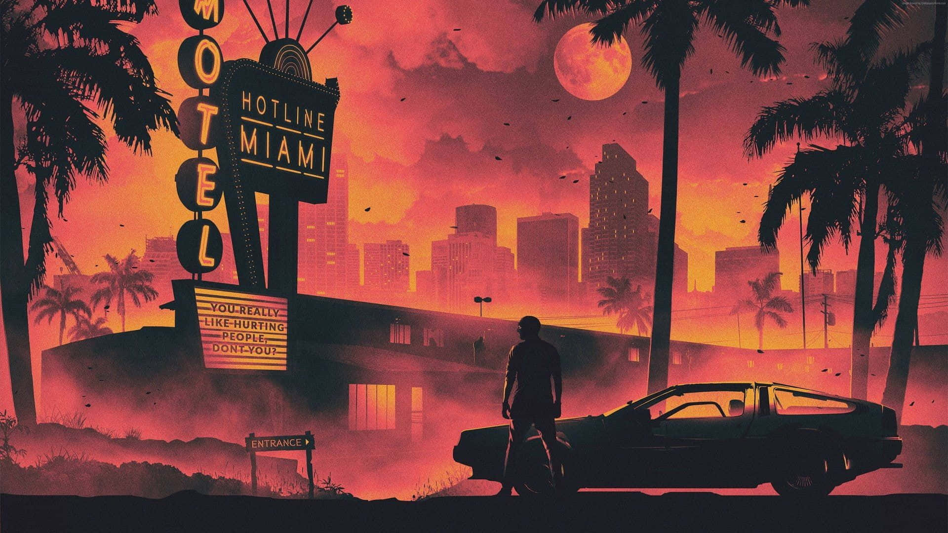 Hotline Miami 桌布 壁紙 — 一個孤獨的身影站在一輛汽車旁邊，在熱帶城市景觀中，霓虹燈閃爍的汽車旅館下，一輪發光的紅月。