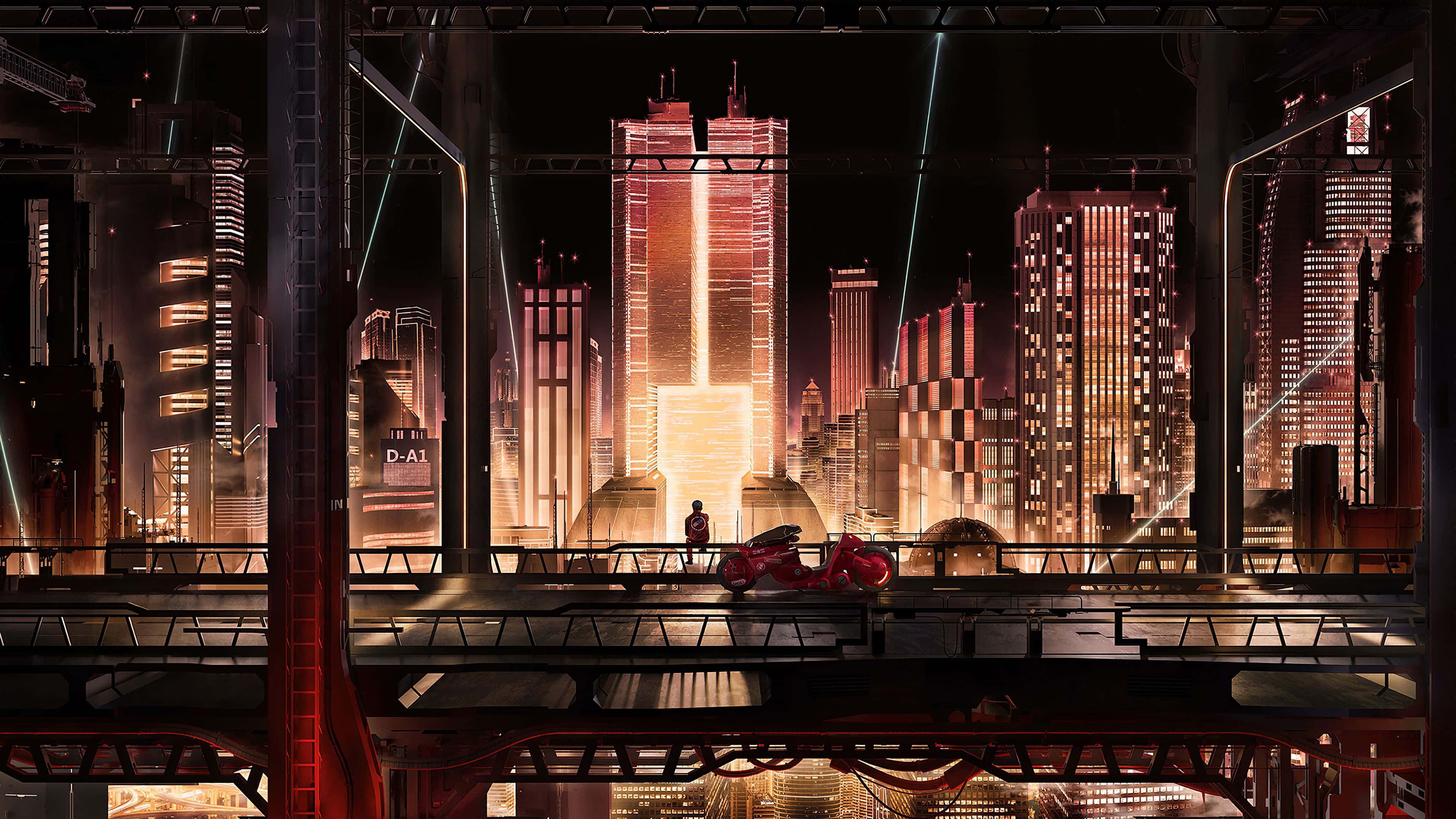 Aesthetic Anime City 桌布 壁紙 — 一個孤獨的身影站在一輛紅色電單車旁邊，身處一個高台之上，俯瞰著夜晚霓虹燈閃爍的賽博龐克城市景觀。