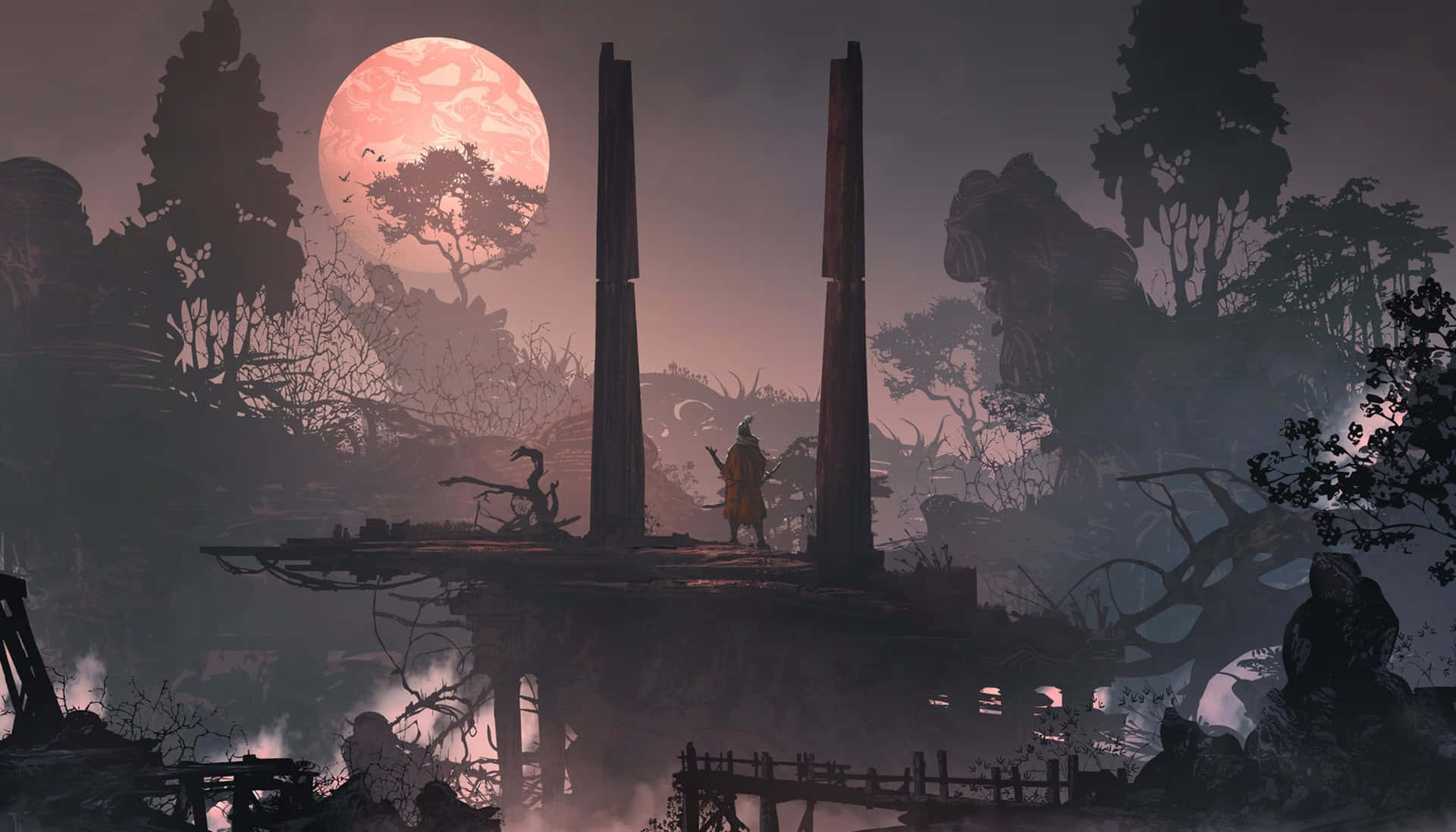 Samurai Landscape 桌布 壁紙 — 一個孤獨的身影站在古老廢墟上，下方是霧氣瀰漫、陰森詭異的森林，上方是一輪巨大而發光的粉紅色月亮。