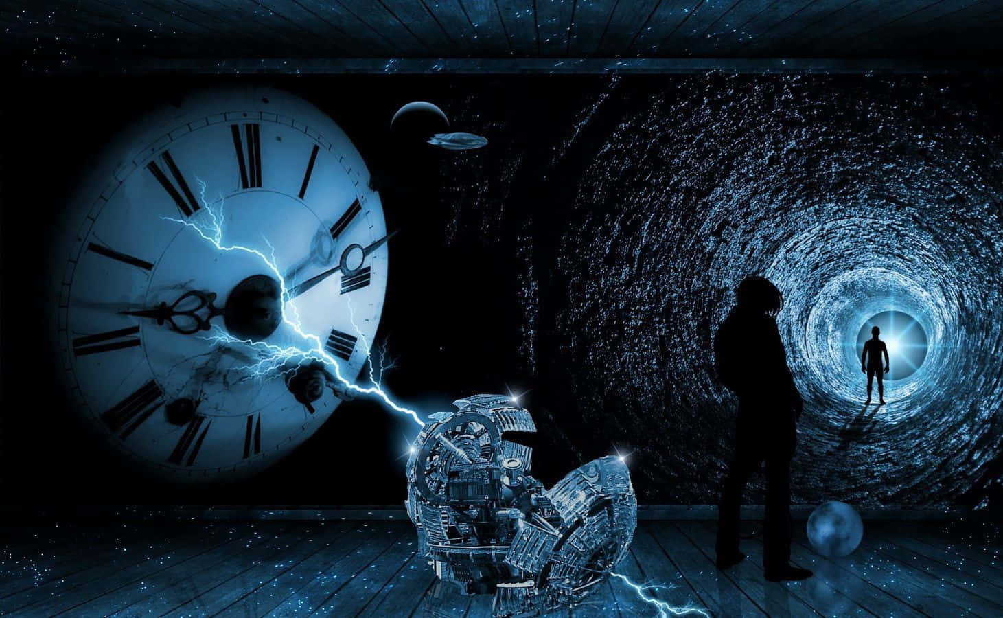 Time 桌布 壁紙 — 一個孤獨的身影站在宇宙隧道中，閃電劃過一個巨大的時鐘和一個破碎的機械人，腳下是星光點點的木地板。