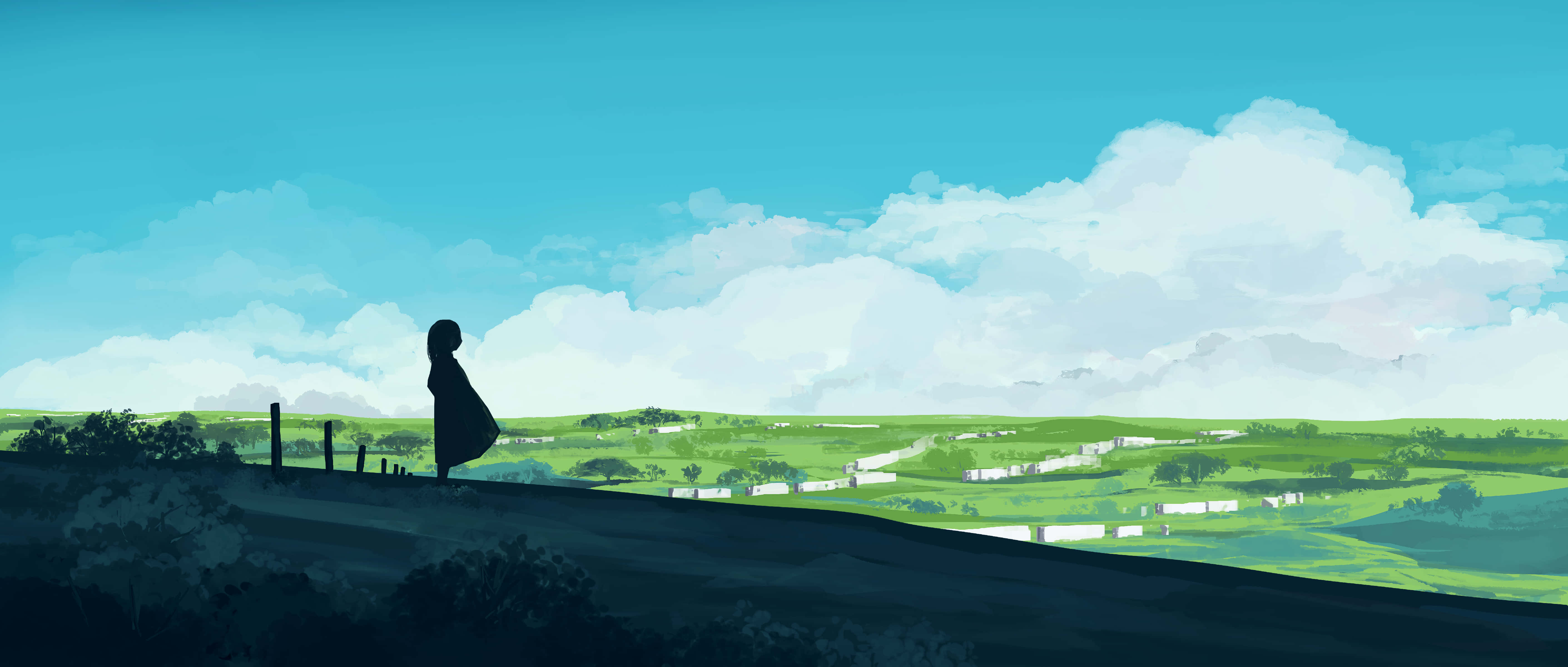 Anime Sky 桌布 壁紙 — 一個孤獨的身影站在山頂上，俯瞰著廣闊的綠色山谷，天空湛藍，白雲朵朵。